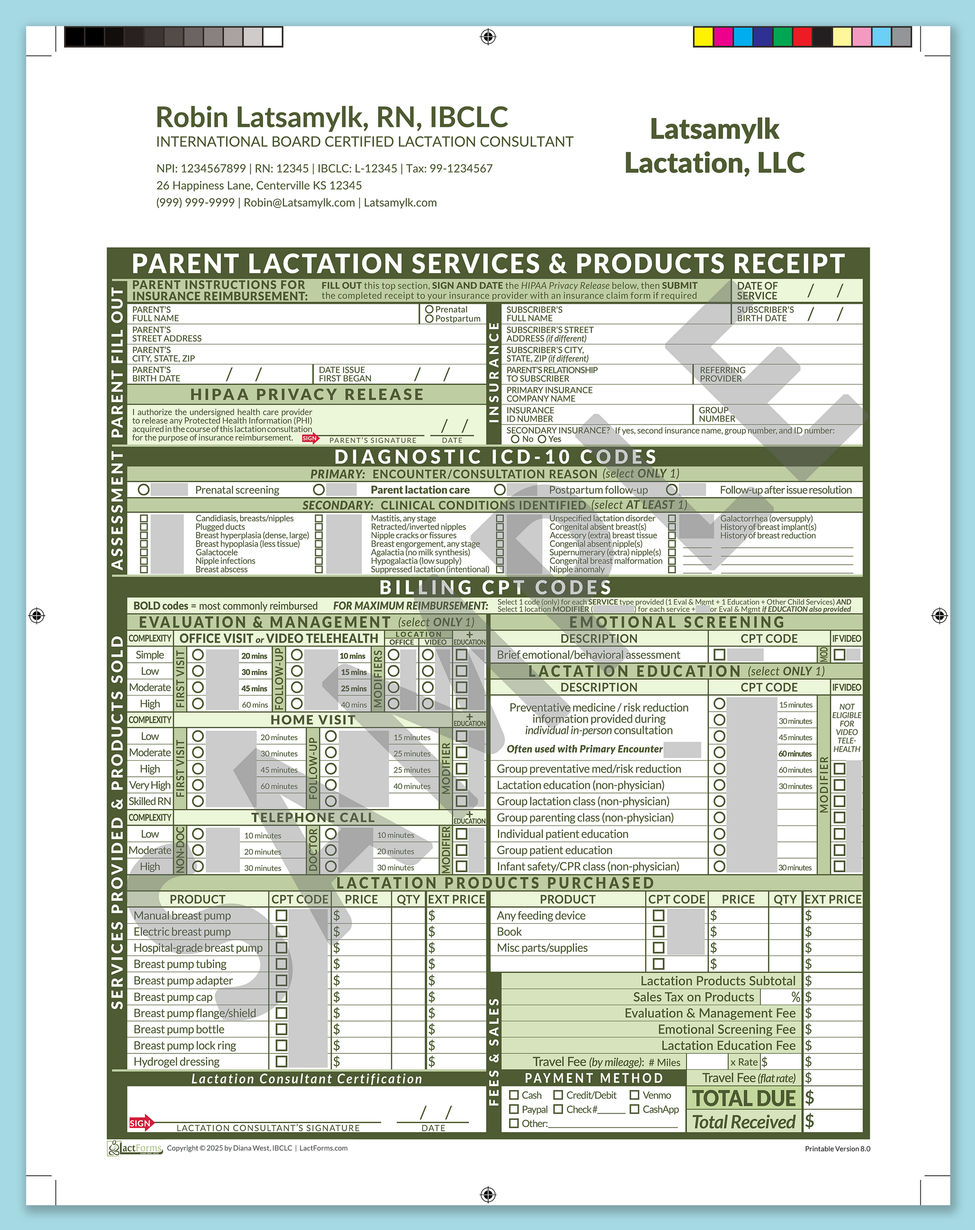 Parent Superbill—ProPrintable, HeaderCompany after editing, Green, V8.0