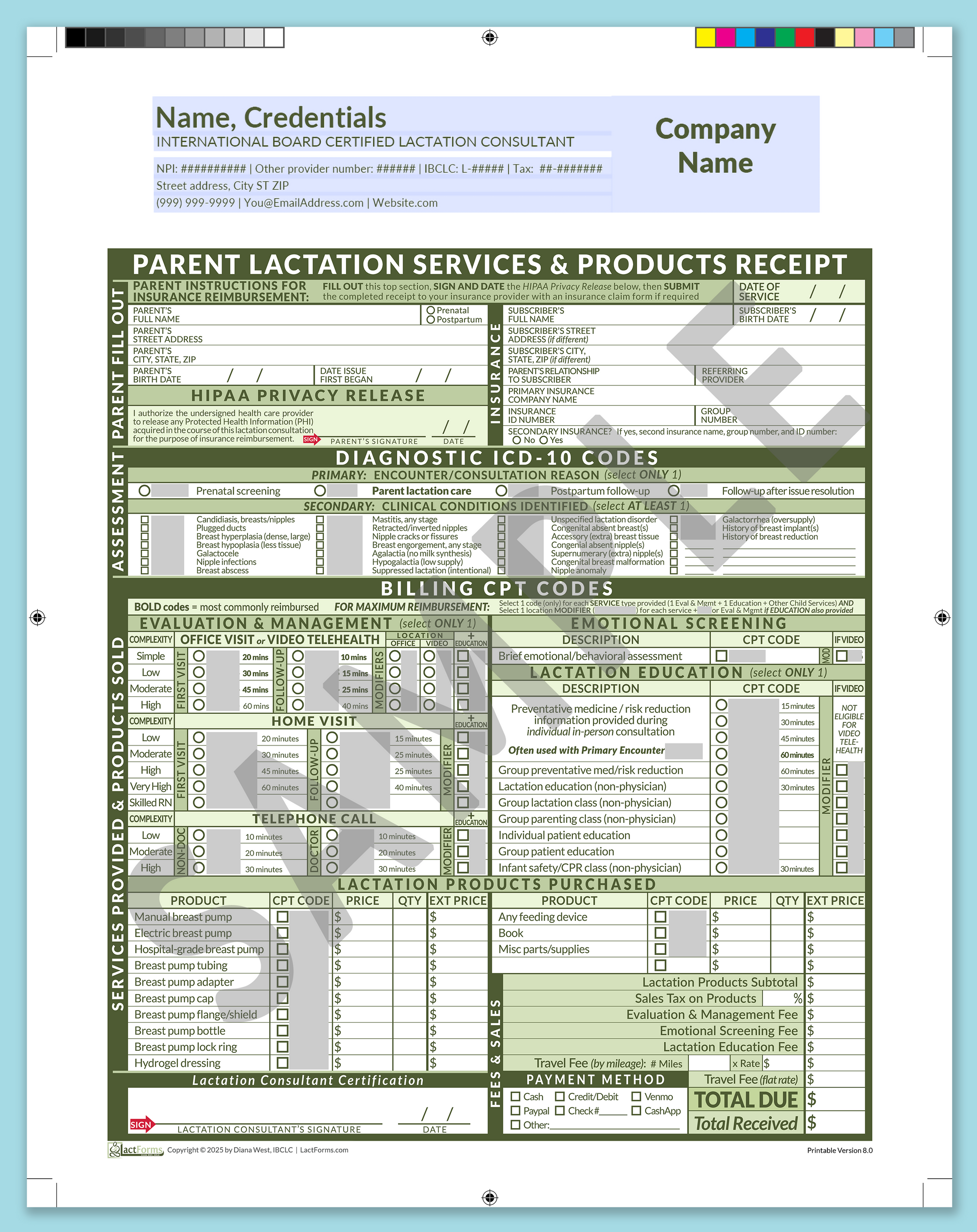 Parent Superbill—ProPrintable, HeaderCompany before editing, Green, V8.0