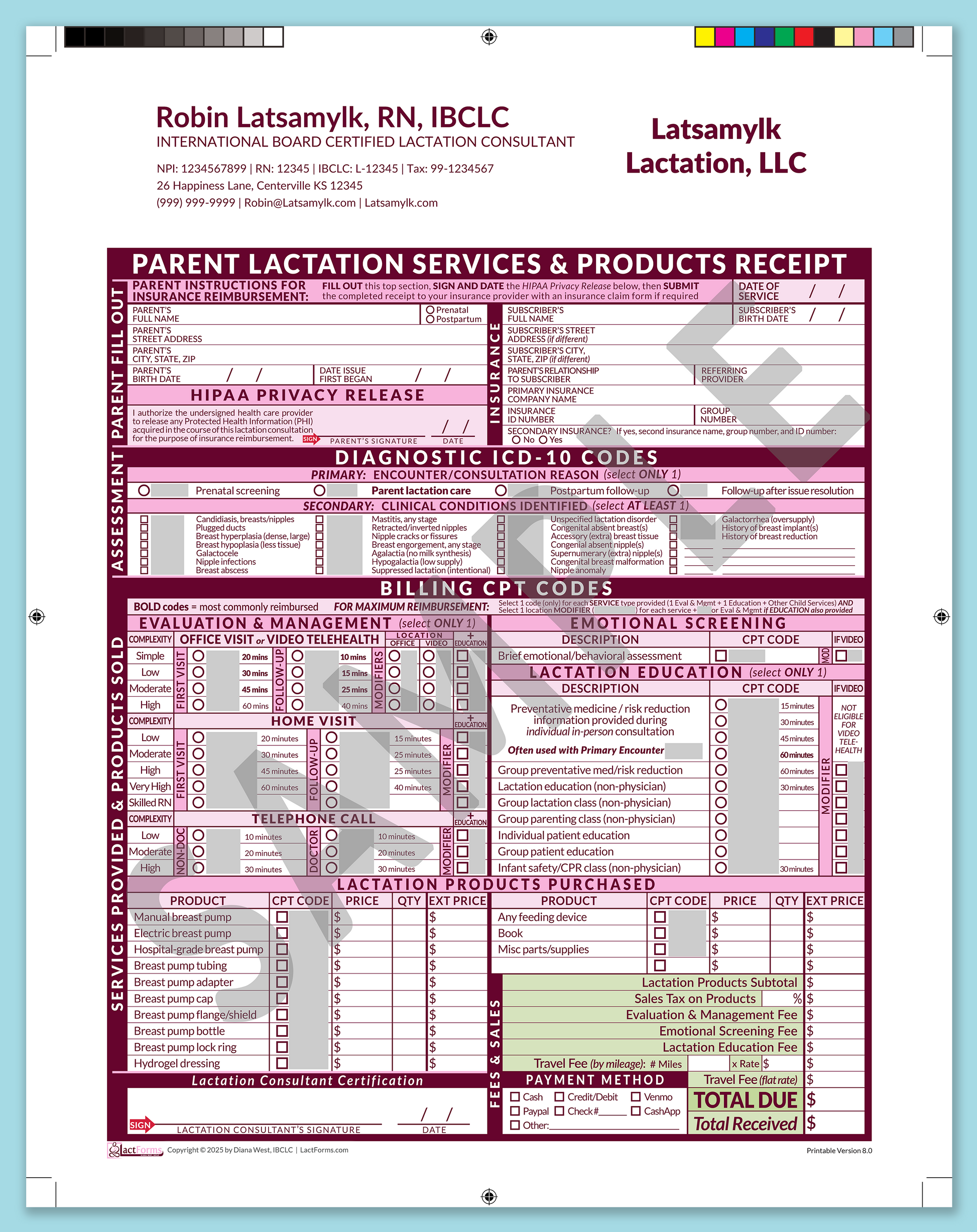 Parent Superbill—ProPrintable, HeaderCompany after editing, Pink, V8.0