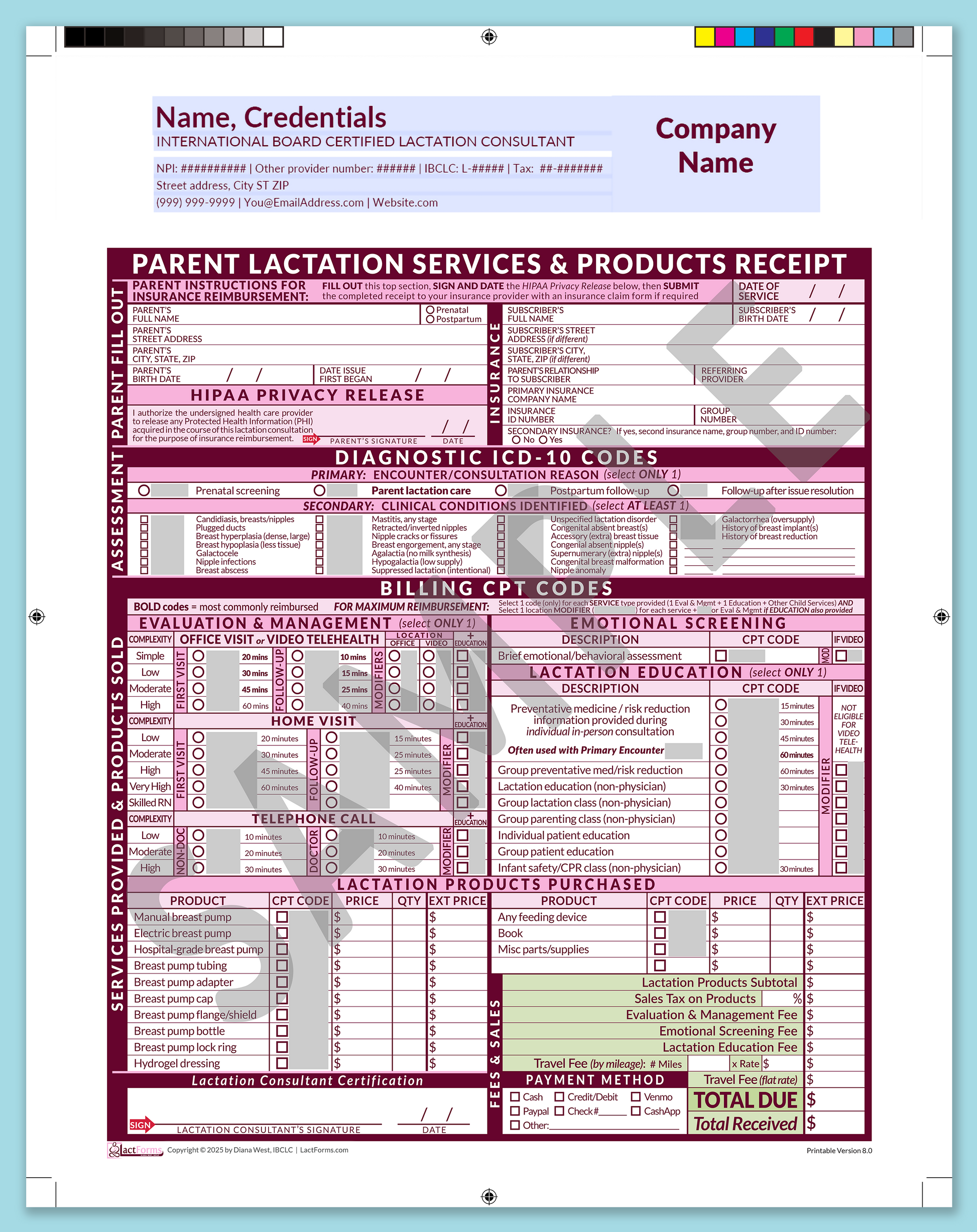 Parent Superbill—ProPrintable, HeaderCompany before editing, Pink, V8.0