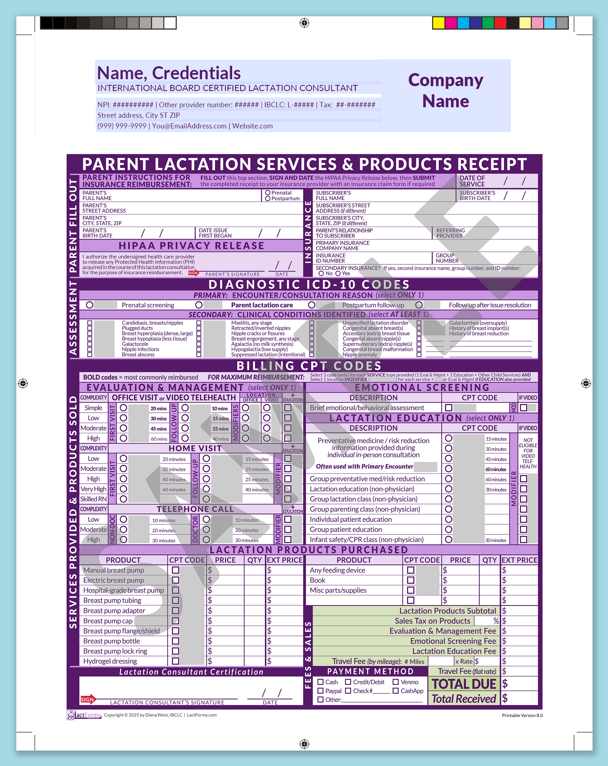 Parent Superbill—ProPrintable, HeaderCompany before editing, Purple, V8.0
