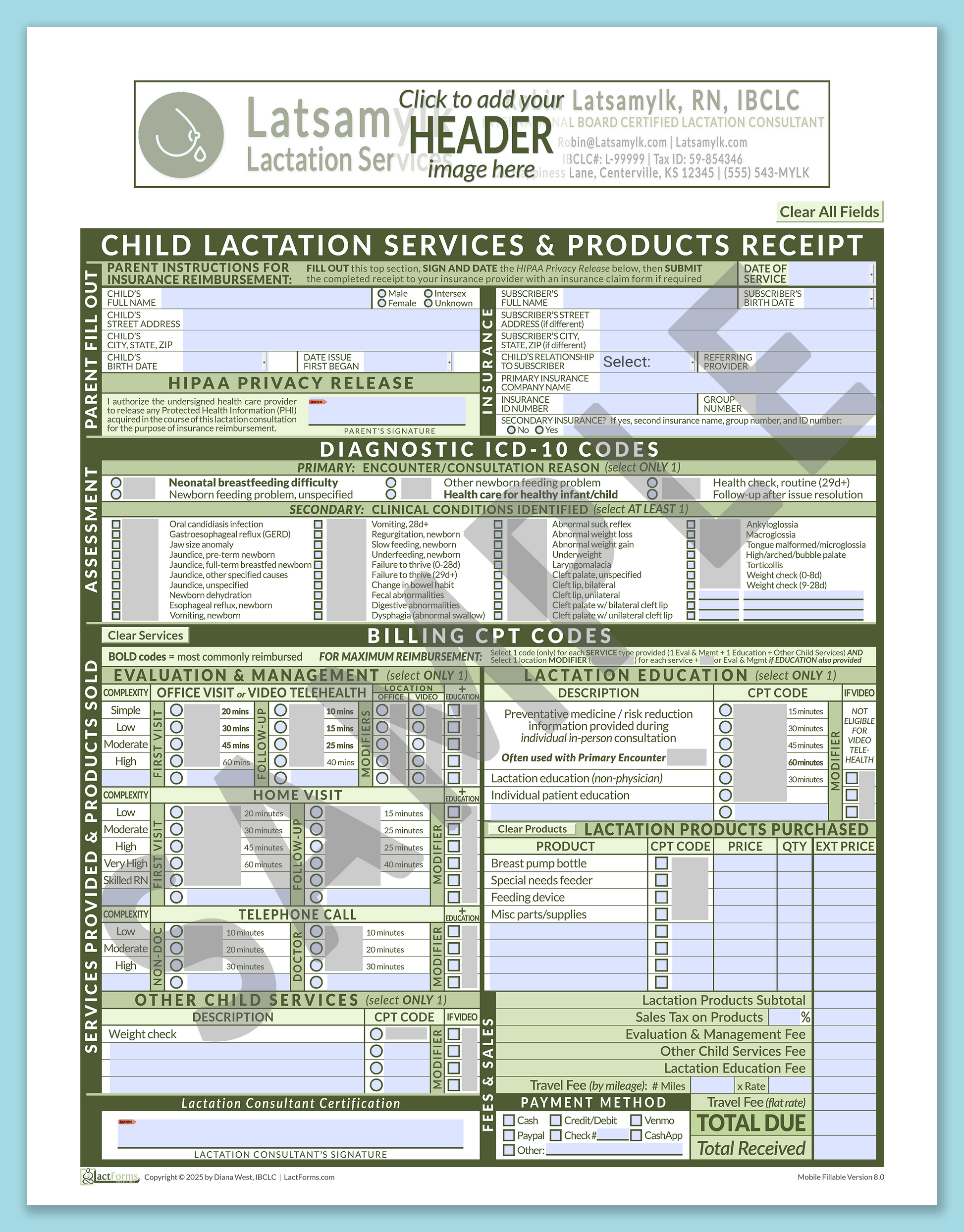 Child Superbill—MobileFillable, HeaderBox before editing, Green, V8.0