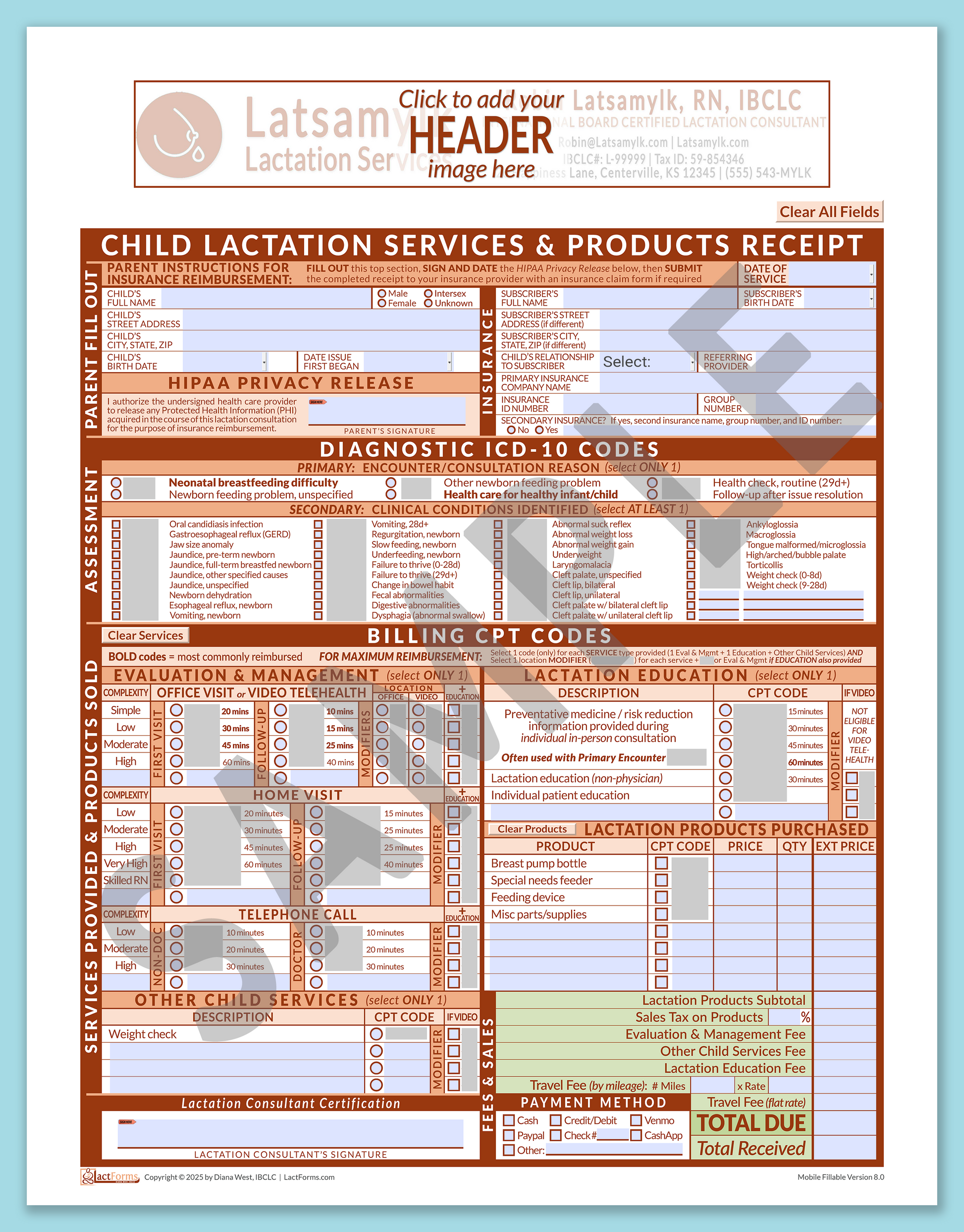 Child Superbill—MobileFillable, HeaderBox before editing, Orange, V8.0