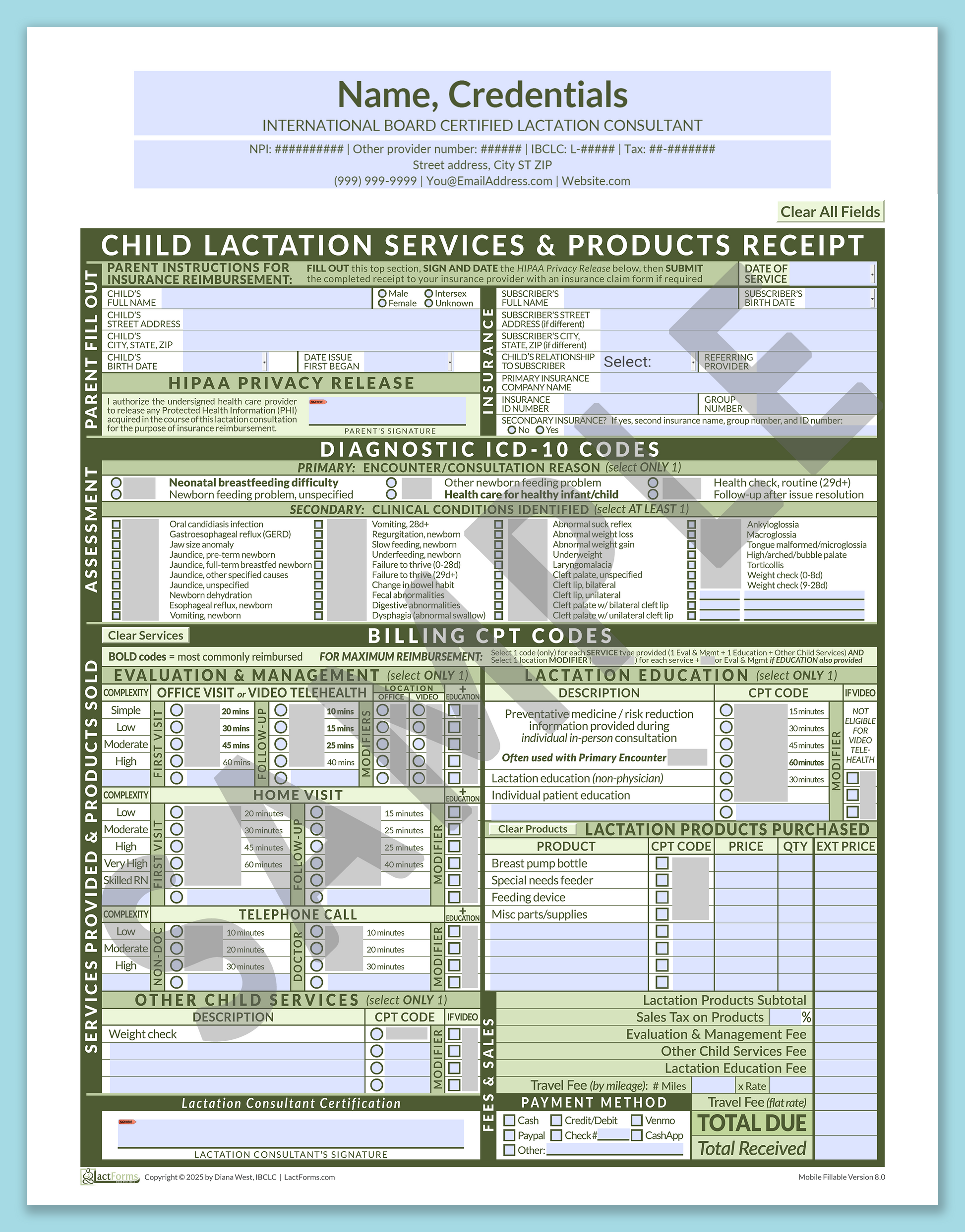 Child Superbill—MobileFillable, HeaderCenter before editing, Green, V8.0