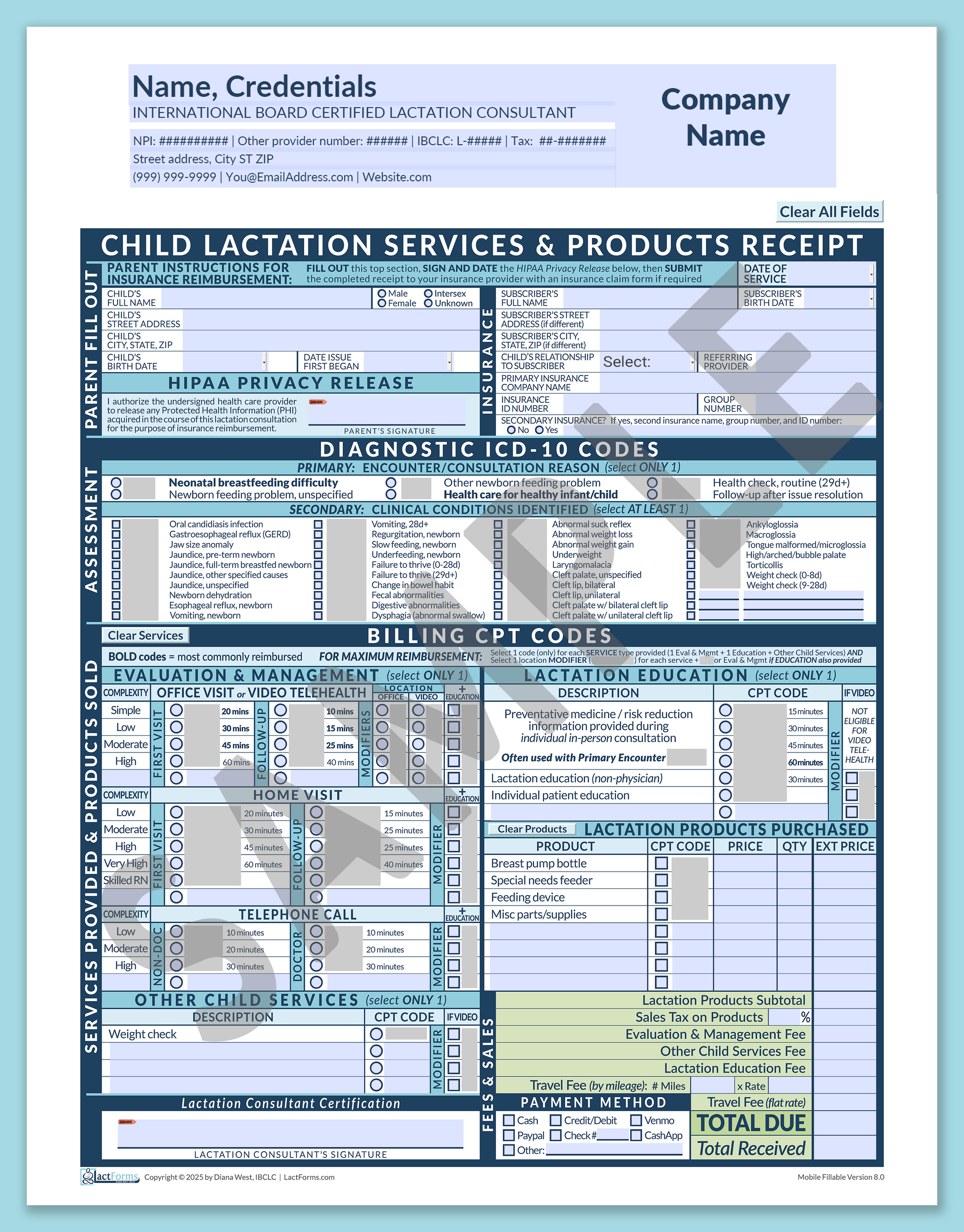 Child Superbill—MobileFillable, HeaderCompany before editing, Blue, V8.0
