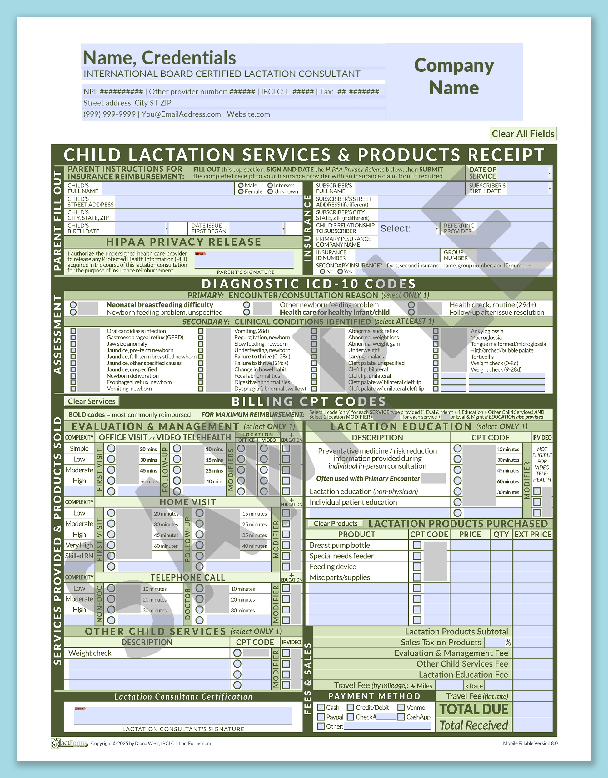 Child Superbill—MobileFillable, HeaderCompany before editing, Green, V8.0