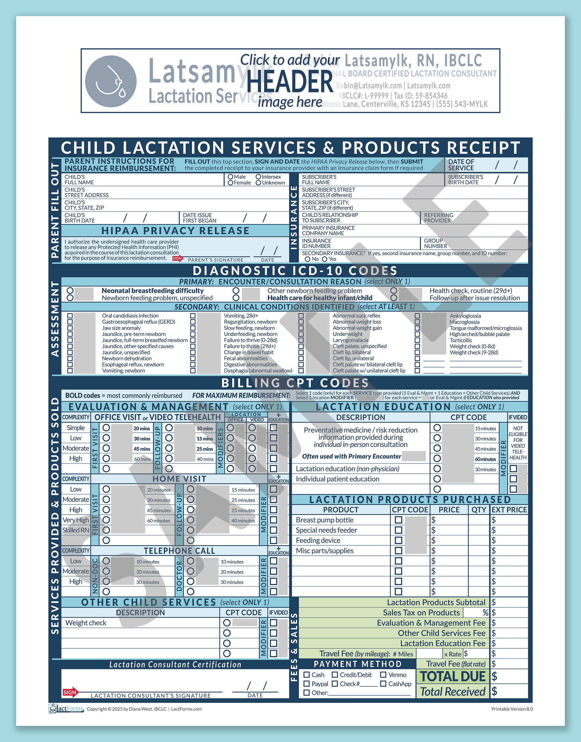 Child Superbill—OfficePrintable, HeaderBox before editing, Blue, V8.0