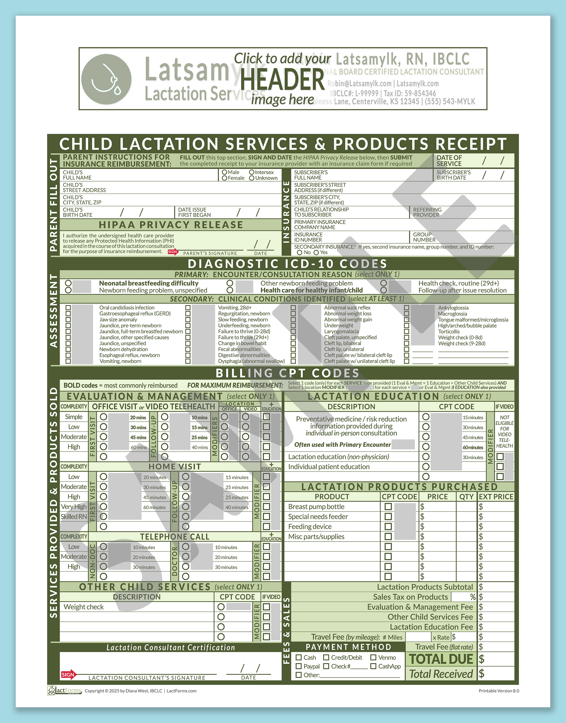 Child Superbill—OfficePrintable, HeaderBox before editing, Green, V8.0