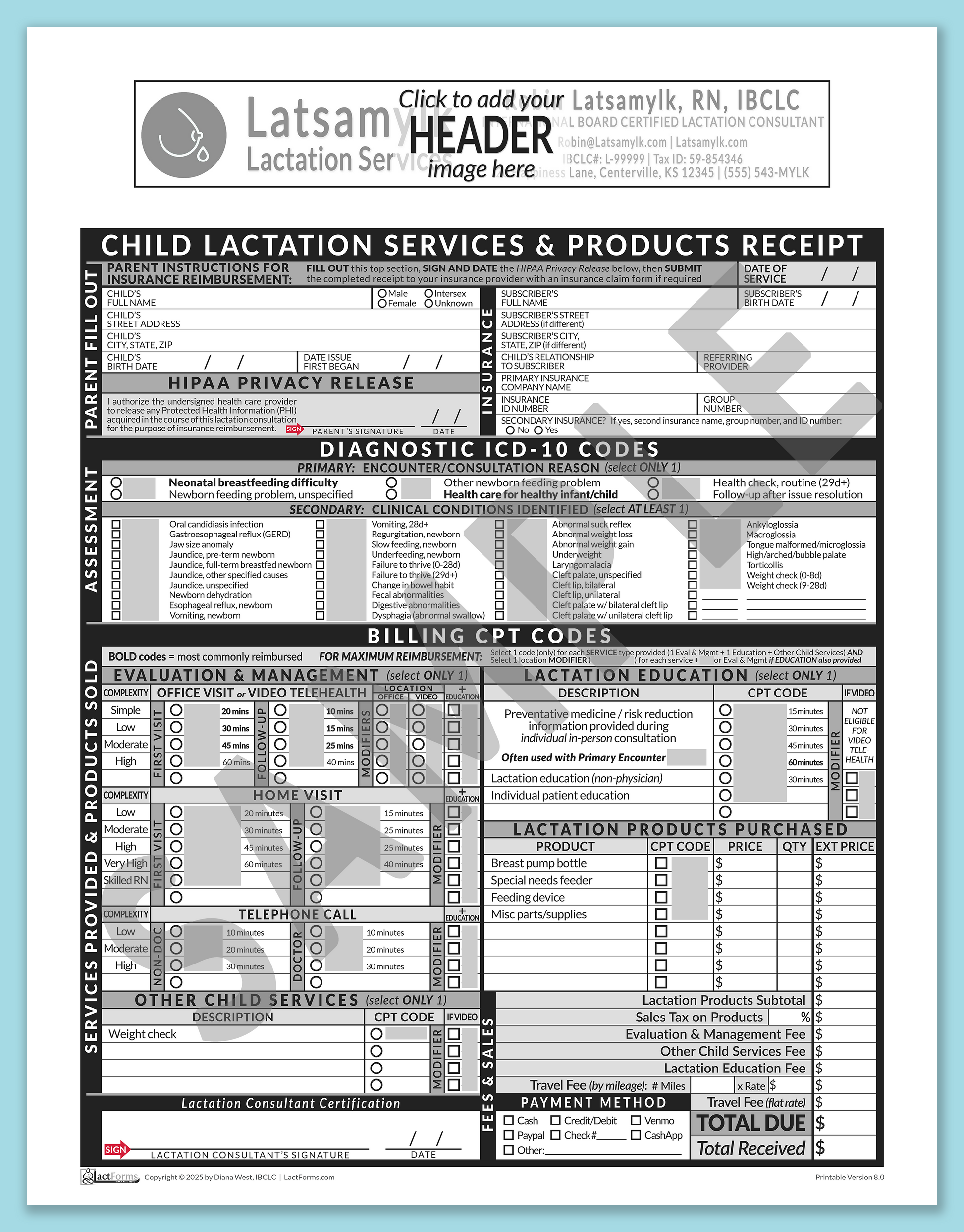 Child Superbill—OfficePrintable, HeaderBox before editing, Grey, V8.0