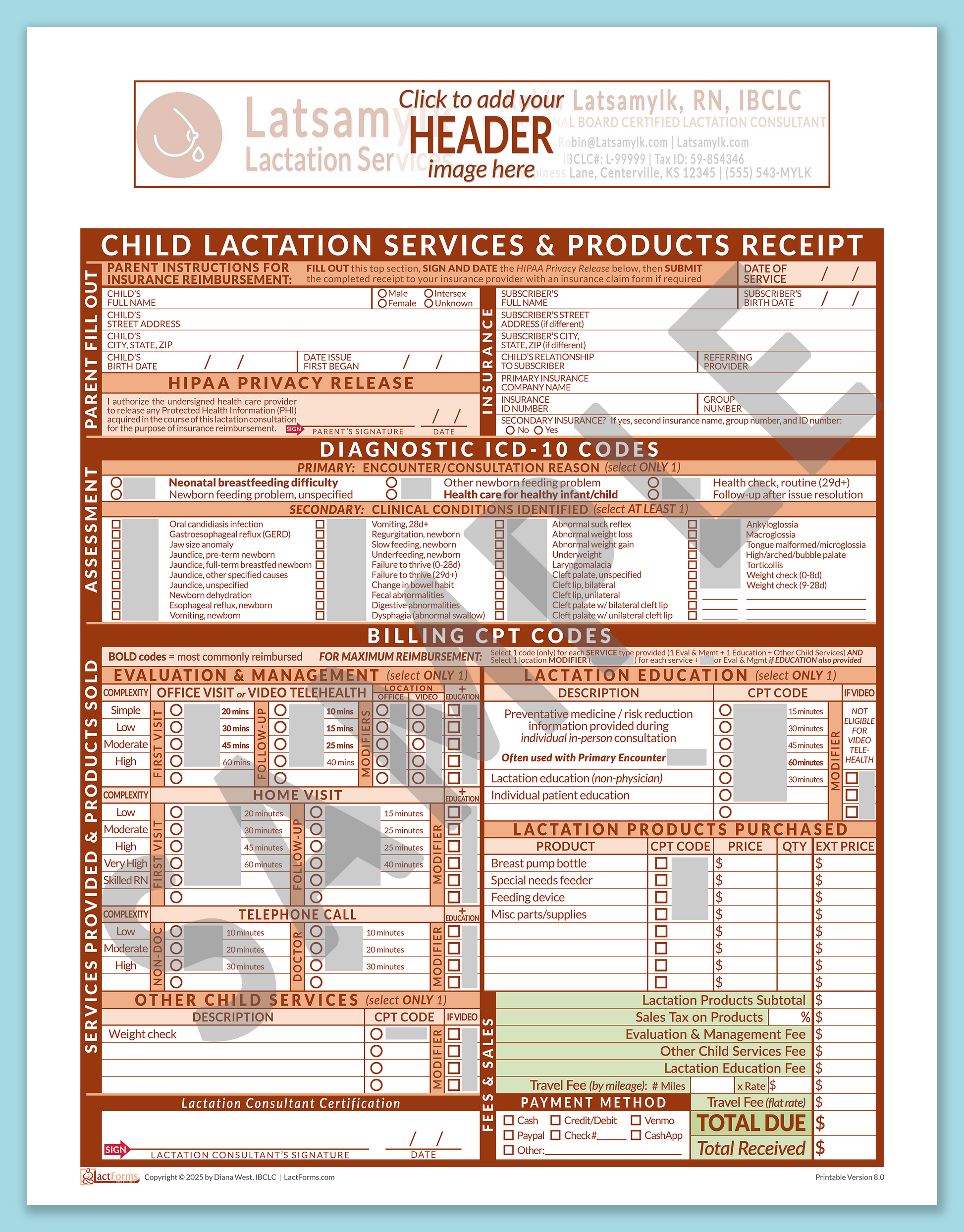 Child Superbill—OfficePrintable, HeaderBox before editing, Orange, V8.0