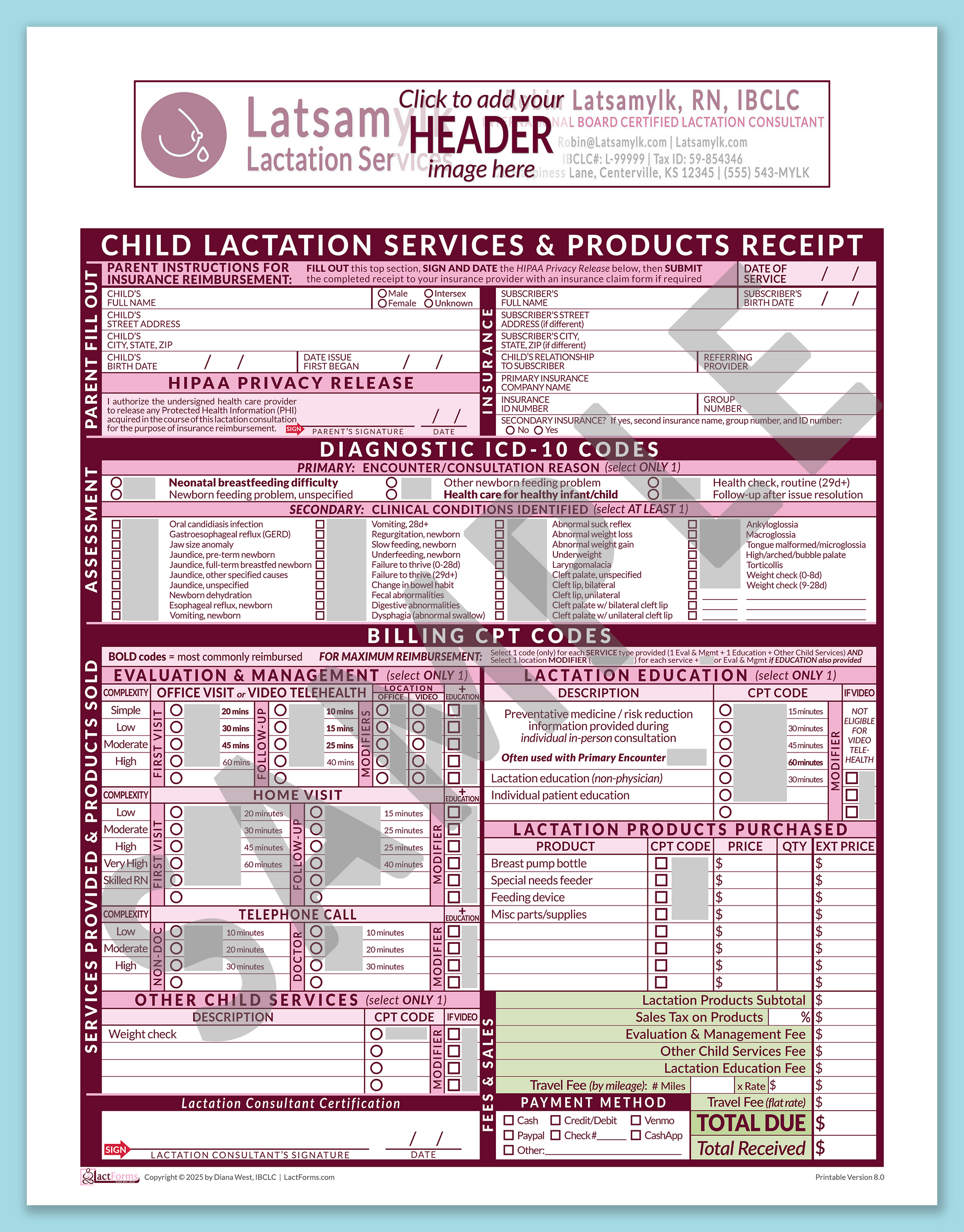 Child Superbill—OfficePrintable, HeaderBox before editing, Pink, V8.0