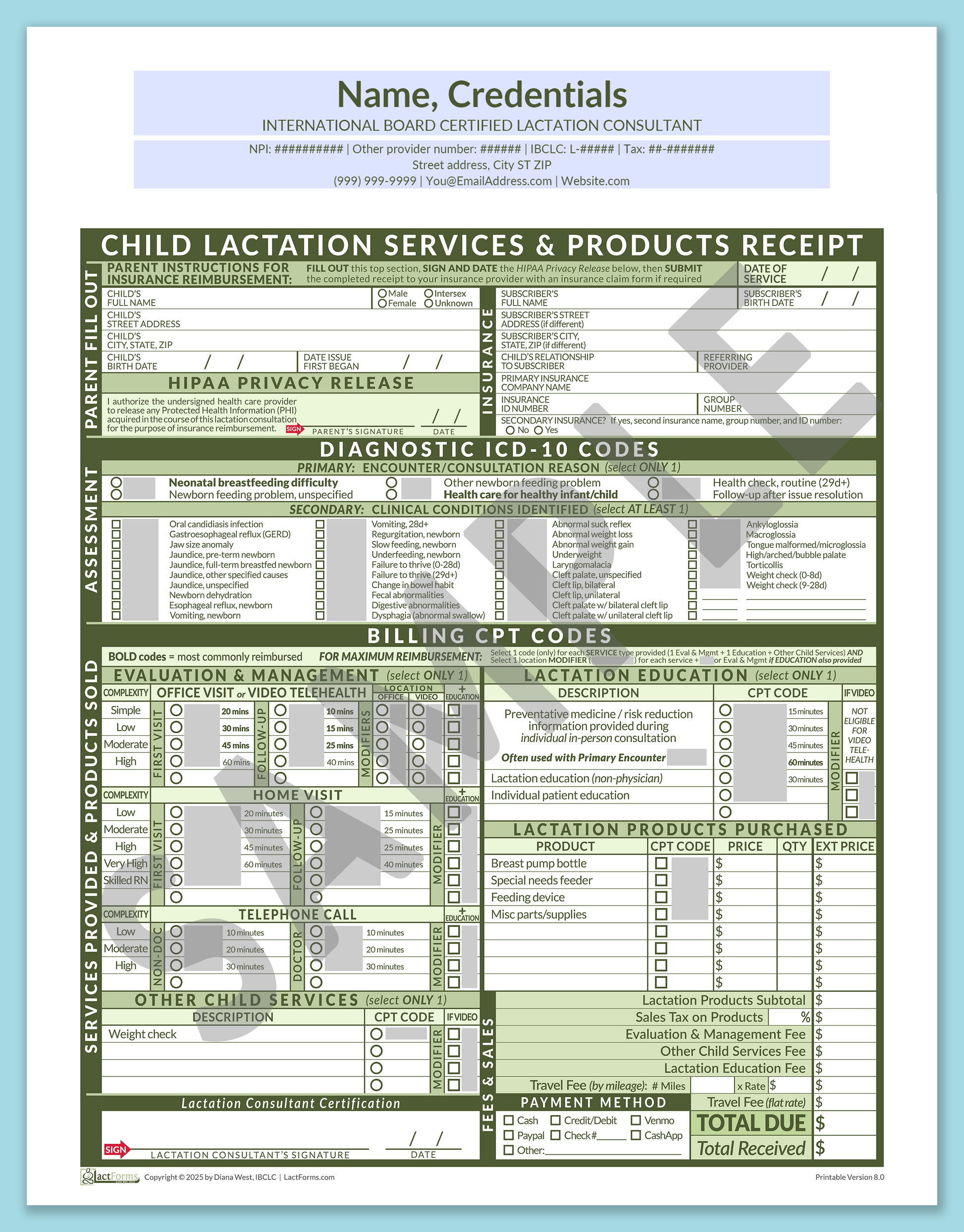 Child Superbill—OfficePrintable, HeaderCenter before editing, Green, V8.0
