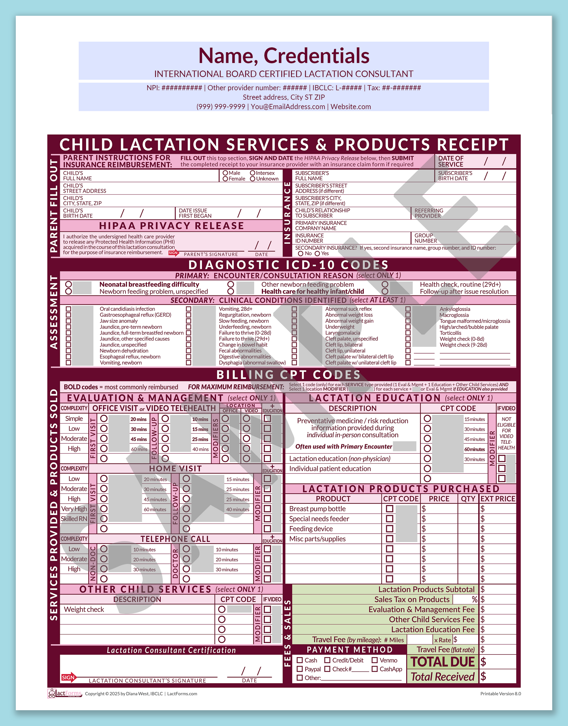 Child Superbill—OfficePrintable, HeaderCenter before editing, Pink, V8.0