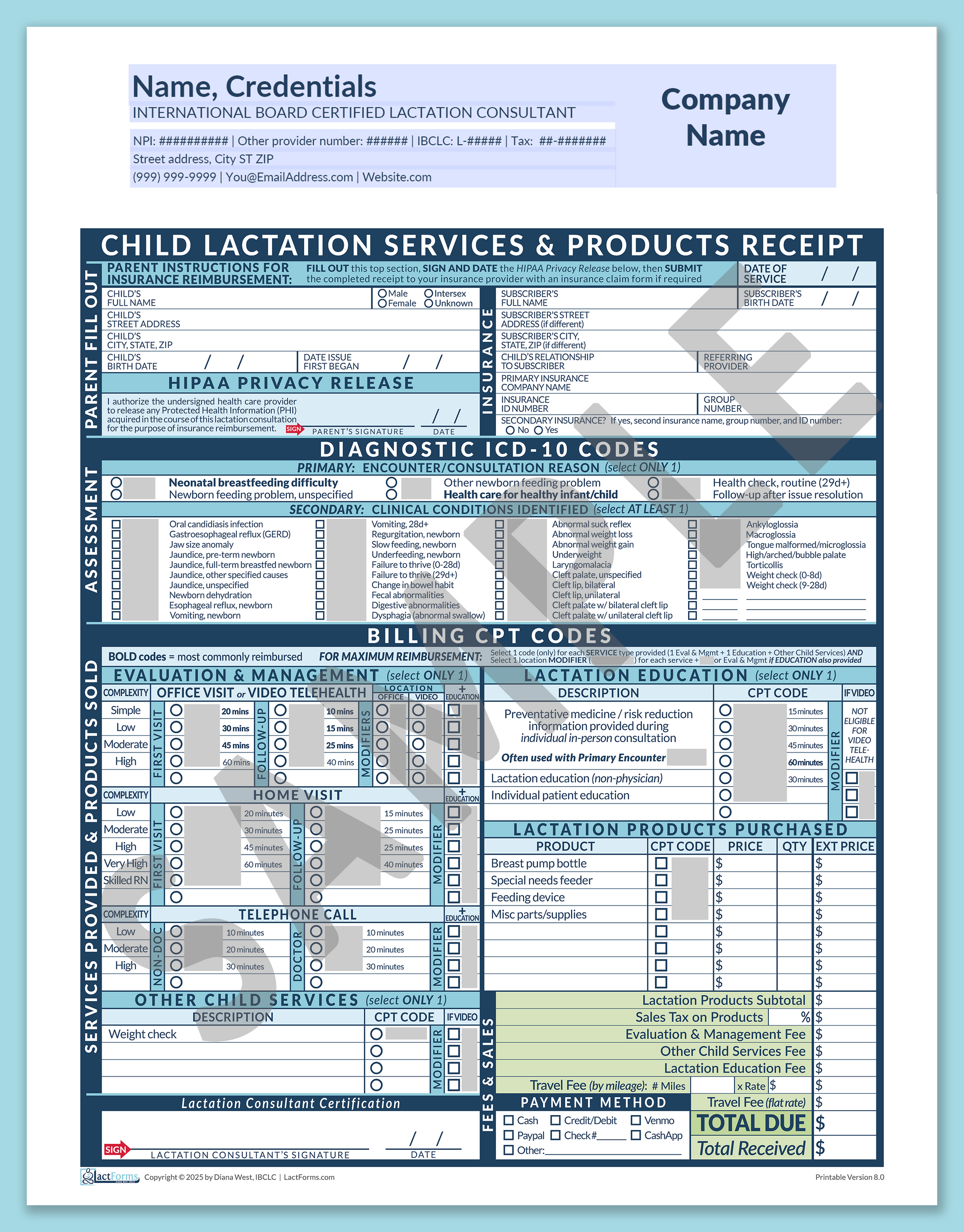 Child Superbill—OfficePrintable, HeaderCompany before editing, Blue, V8.0