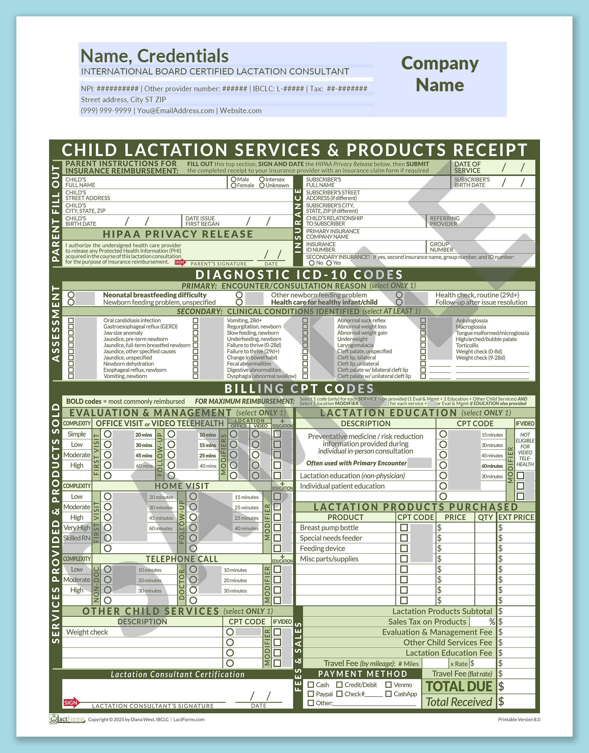 Child Superbill—OfficePrintable, HeaderCompany before editing, Green, V8.0