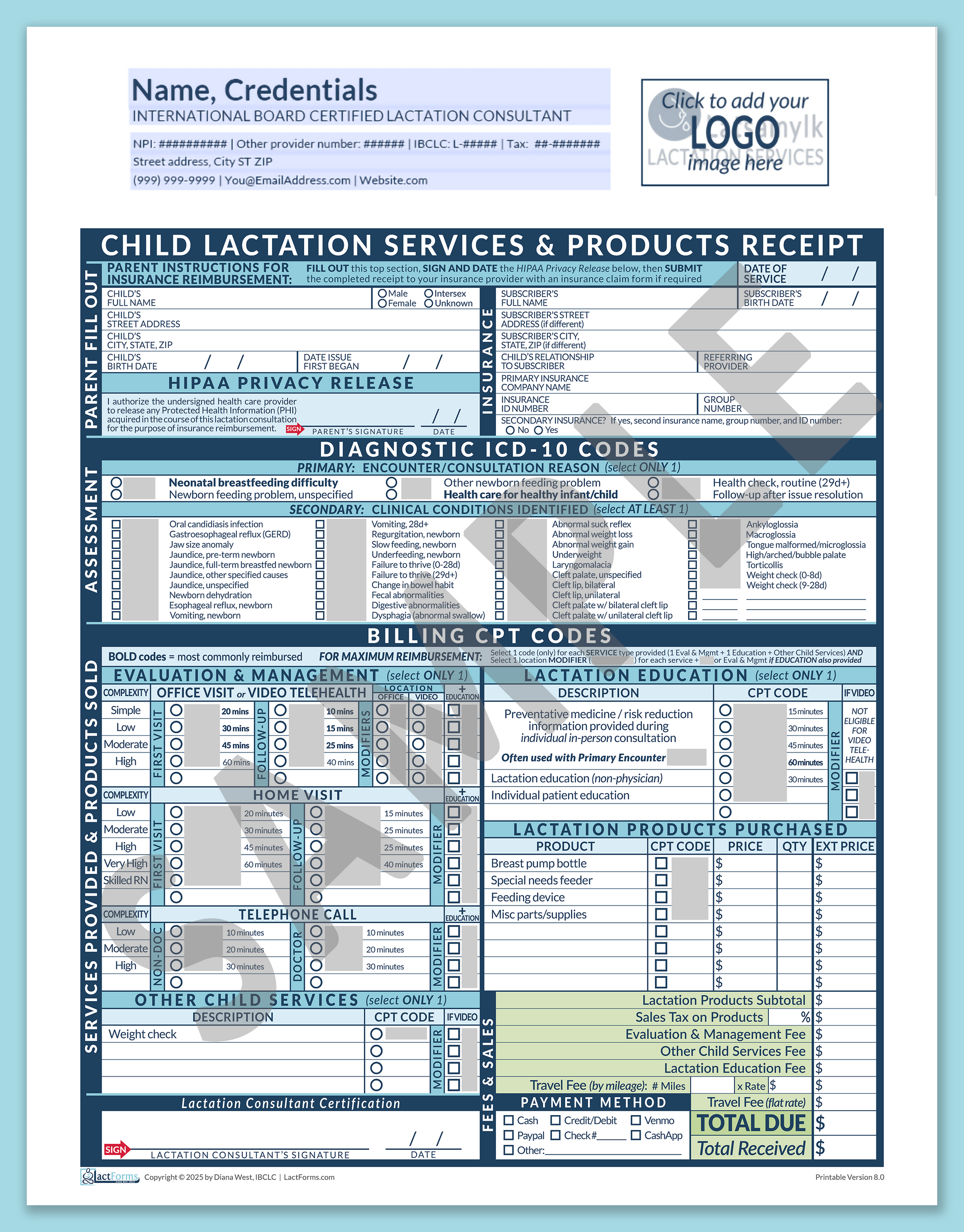 Child Superbill—OfficePrintable, HeaderLogo before editing, Blue, V8.0