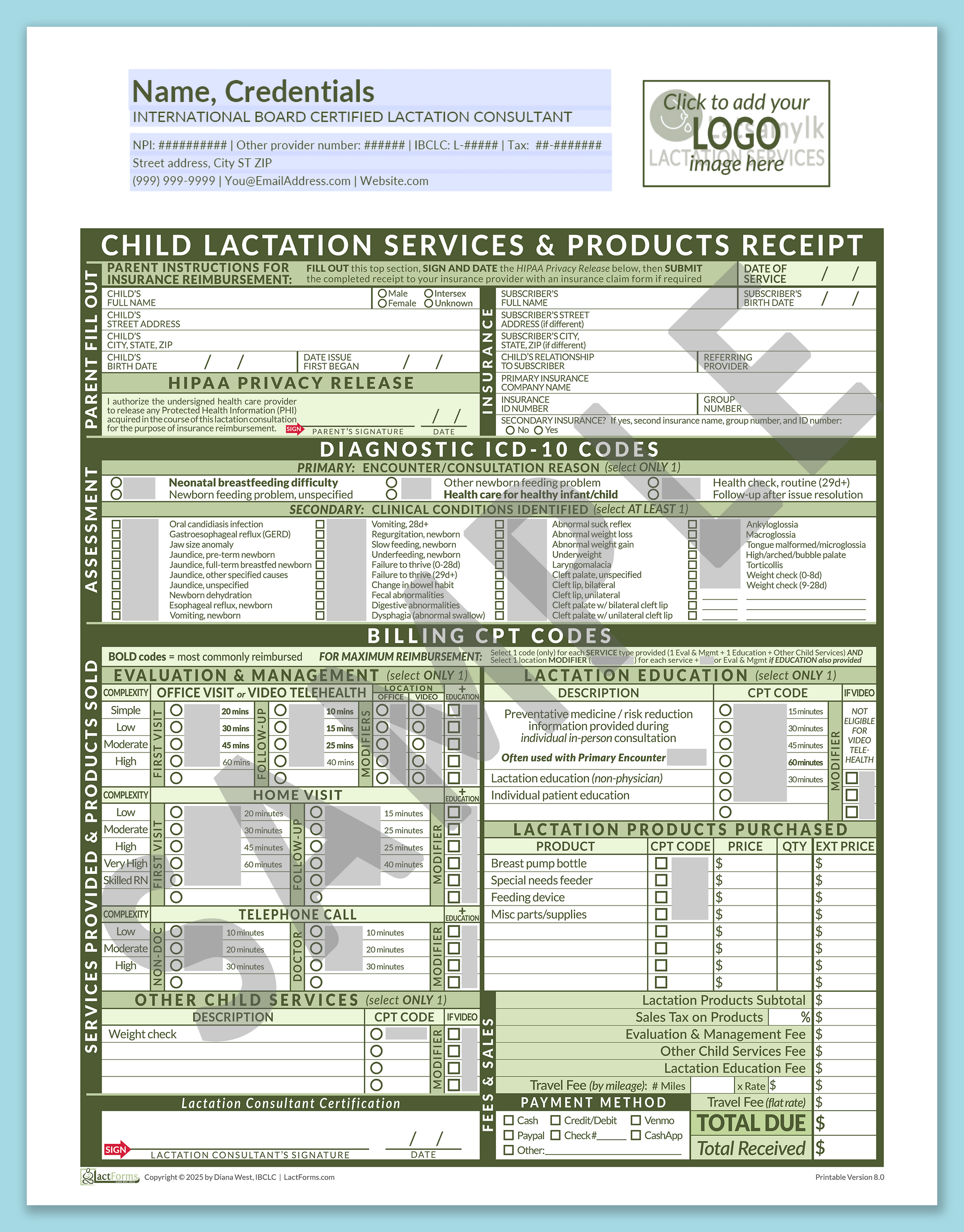 Child Superbill—OfficePrintable, HeaderLogo before editing, Green, V8.0