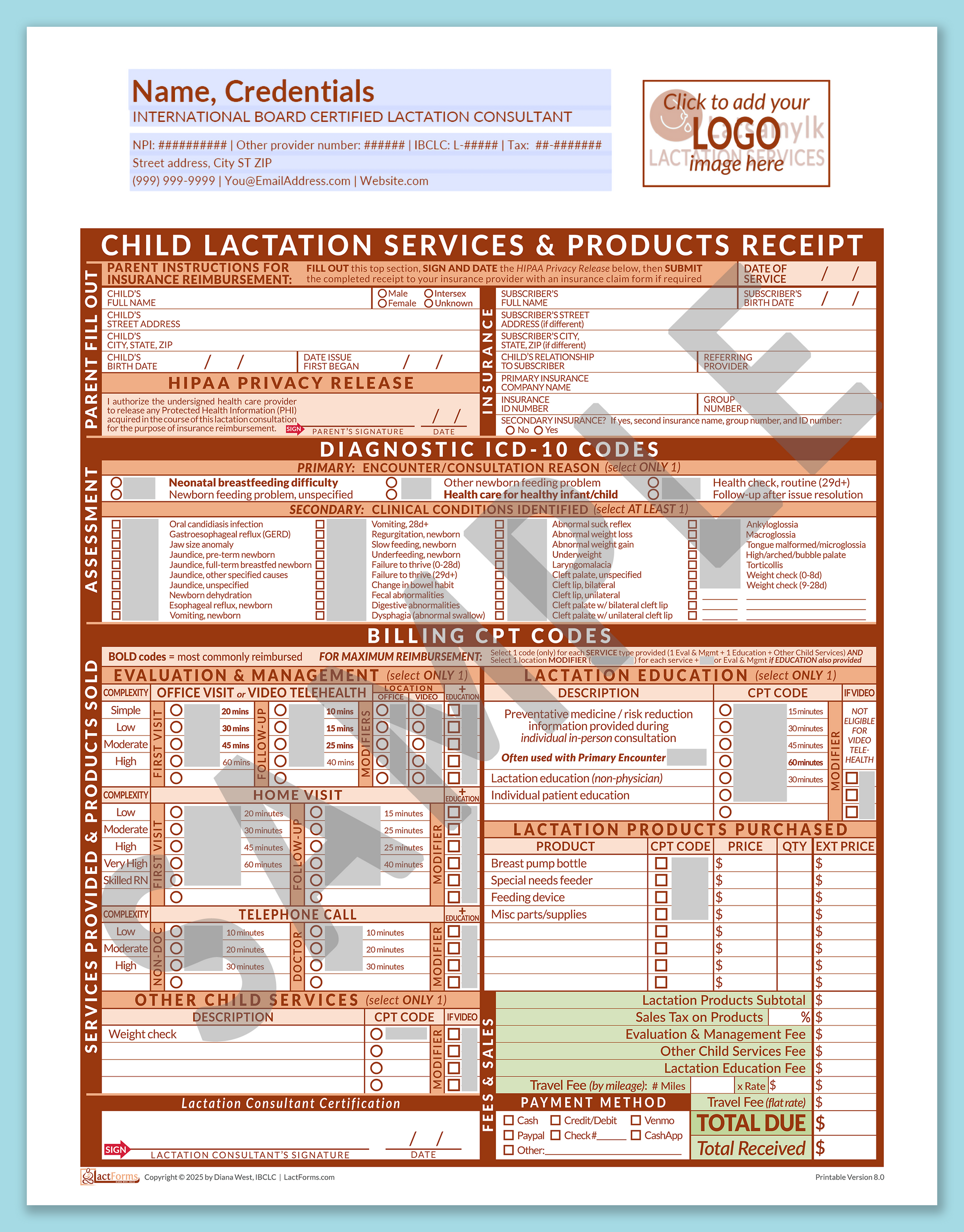 Child Superbill—OfficePrintable, HeaderLogo before editing, Orange, V8.0
