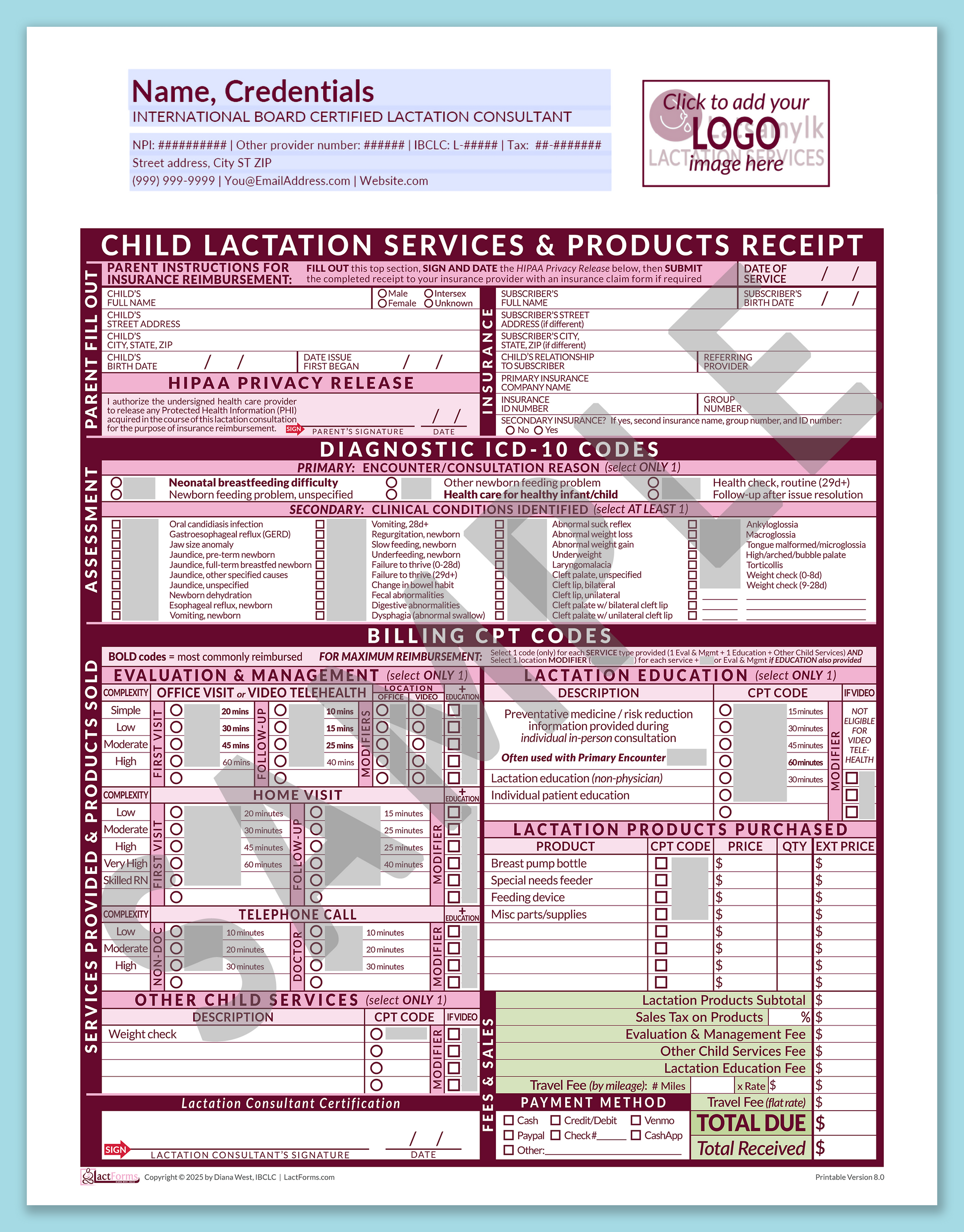 Child Superbill—OfficePrintable, HeaderLogo before editing, Pink, V8.0