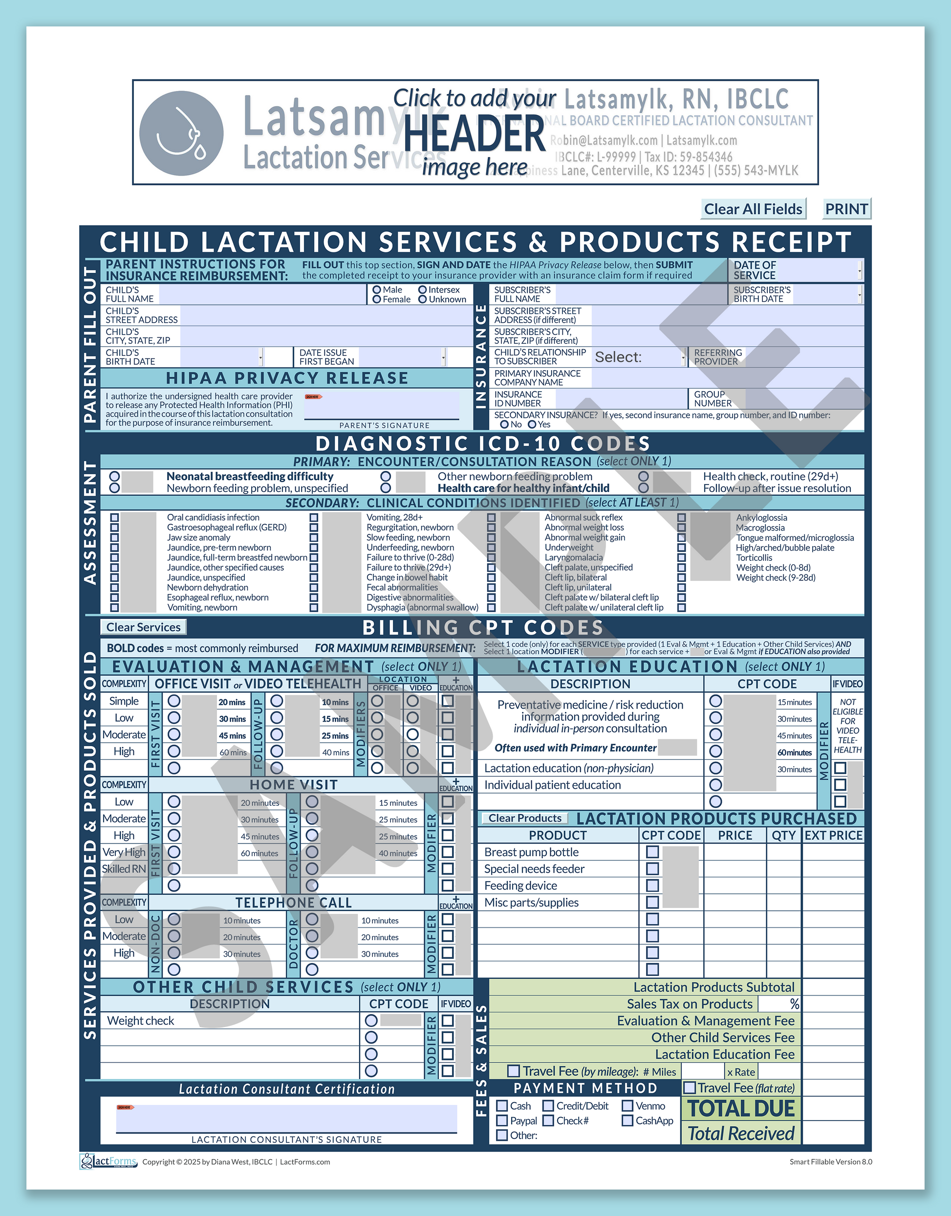 Child Superbill—SmartFillable, HeaderBox before editing, Blue, V8.0
