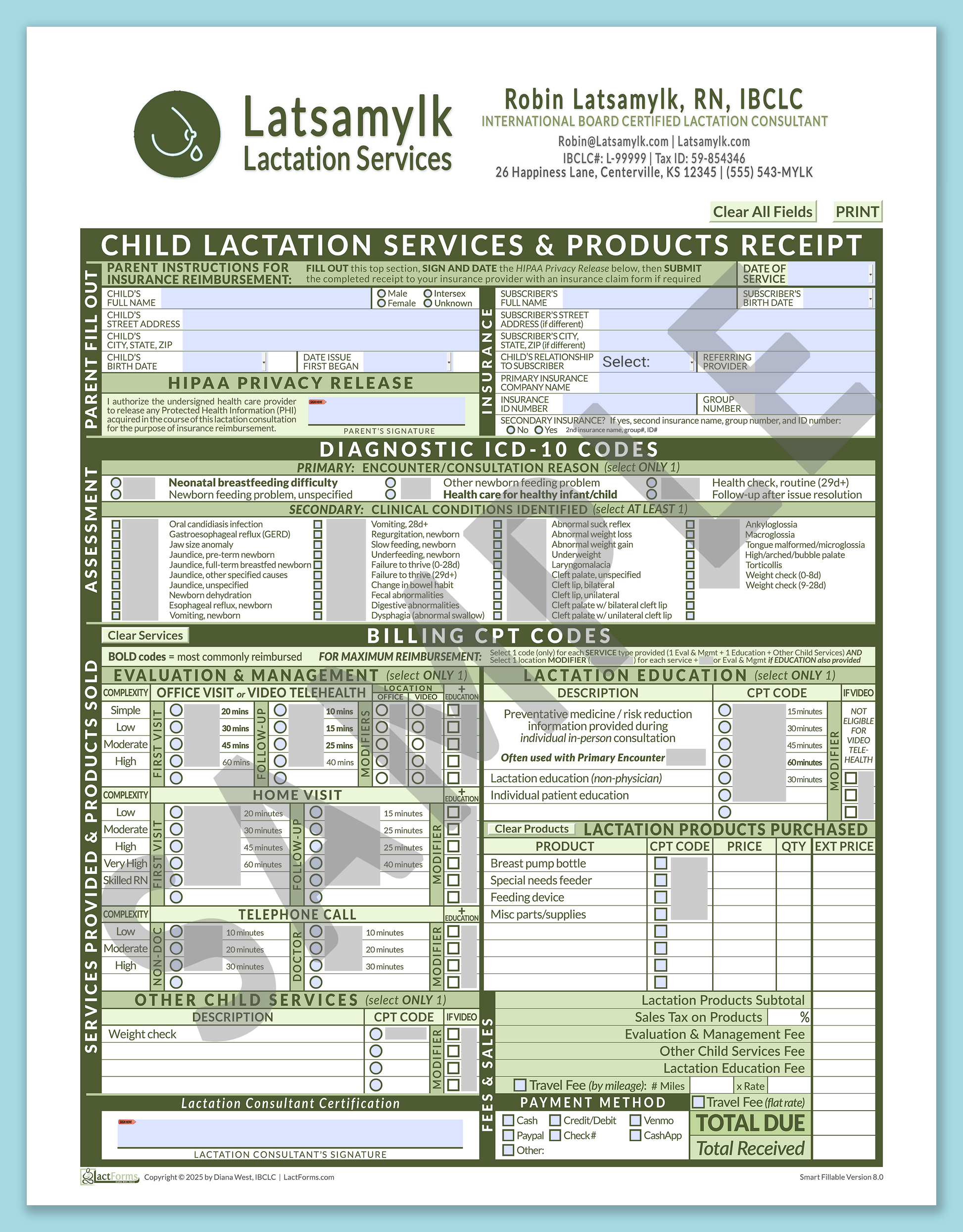 Child Superbill—SmartFillable, HeaderBox after editing, Green, V8.0