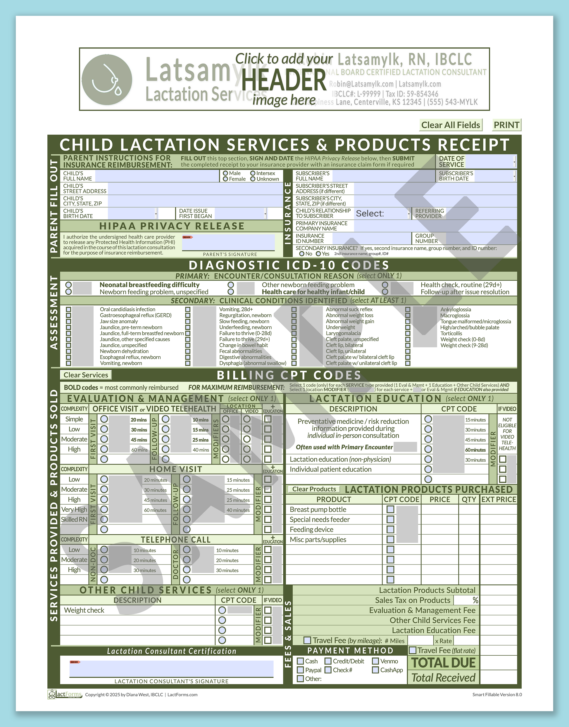 Child Superbill—SmartFillable, HeaderBox before editing, Green, V8.0