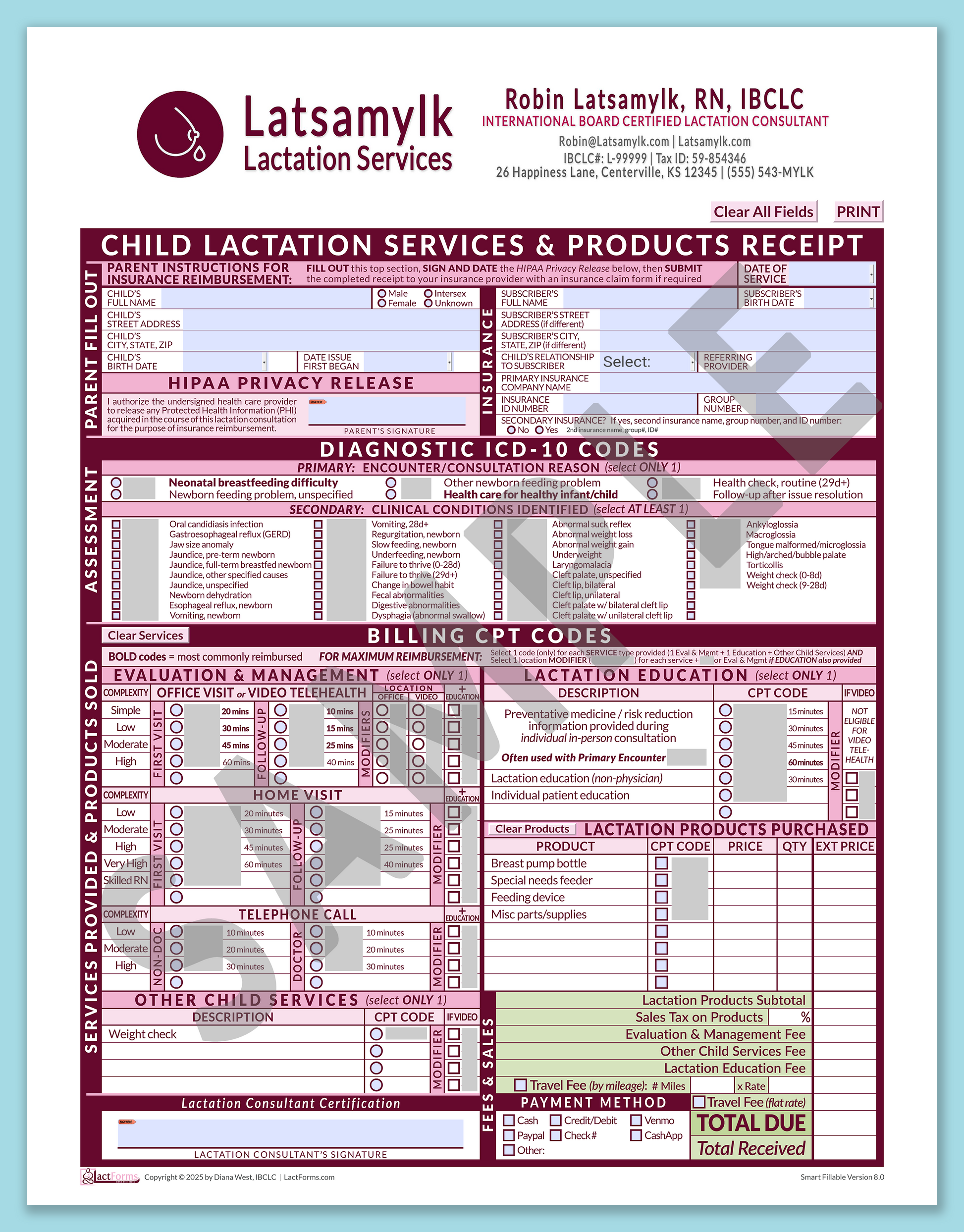 Child Superbill—SmartFillable, HeaderBox after editing, Pink, V8.0