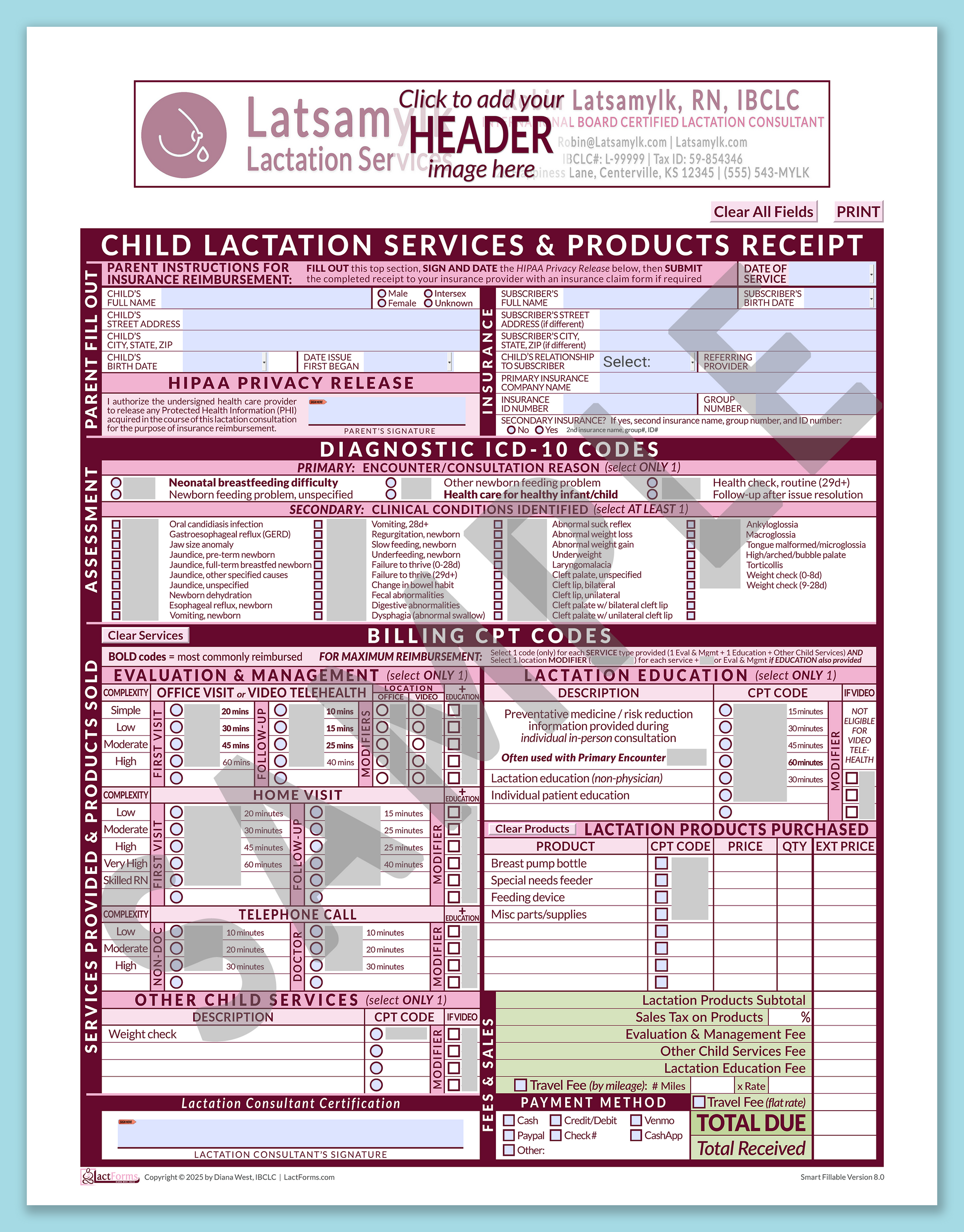 Child Superbill—SmartFillable, HeaderBox before editing, Pink, V8.0