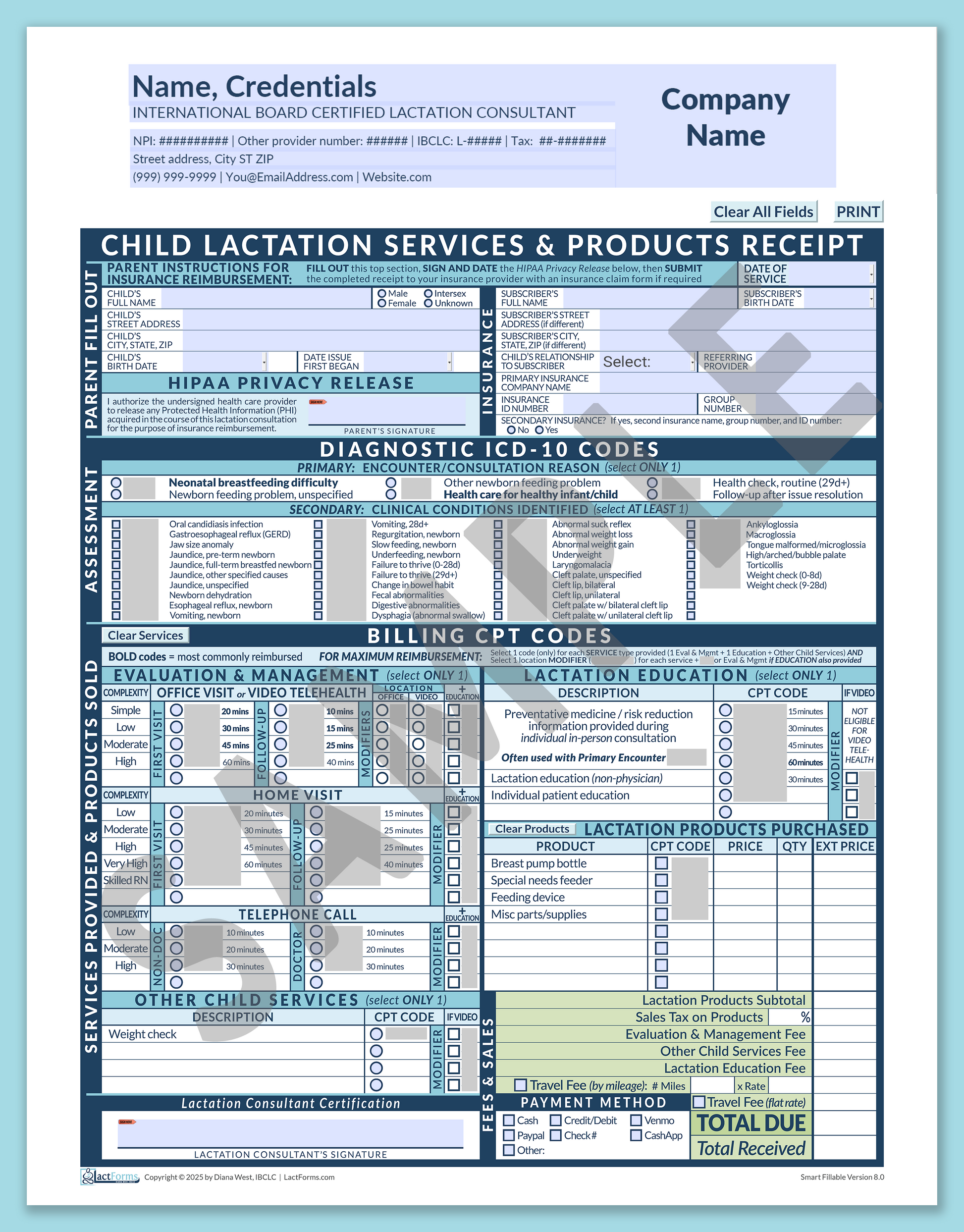 Child Superbill—SmartFillable, HeaderCompany before editing, Blue, V8.0