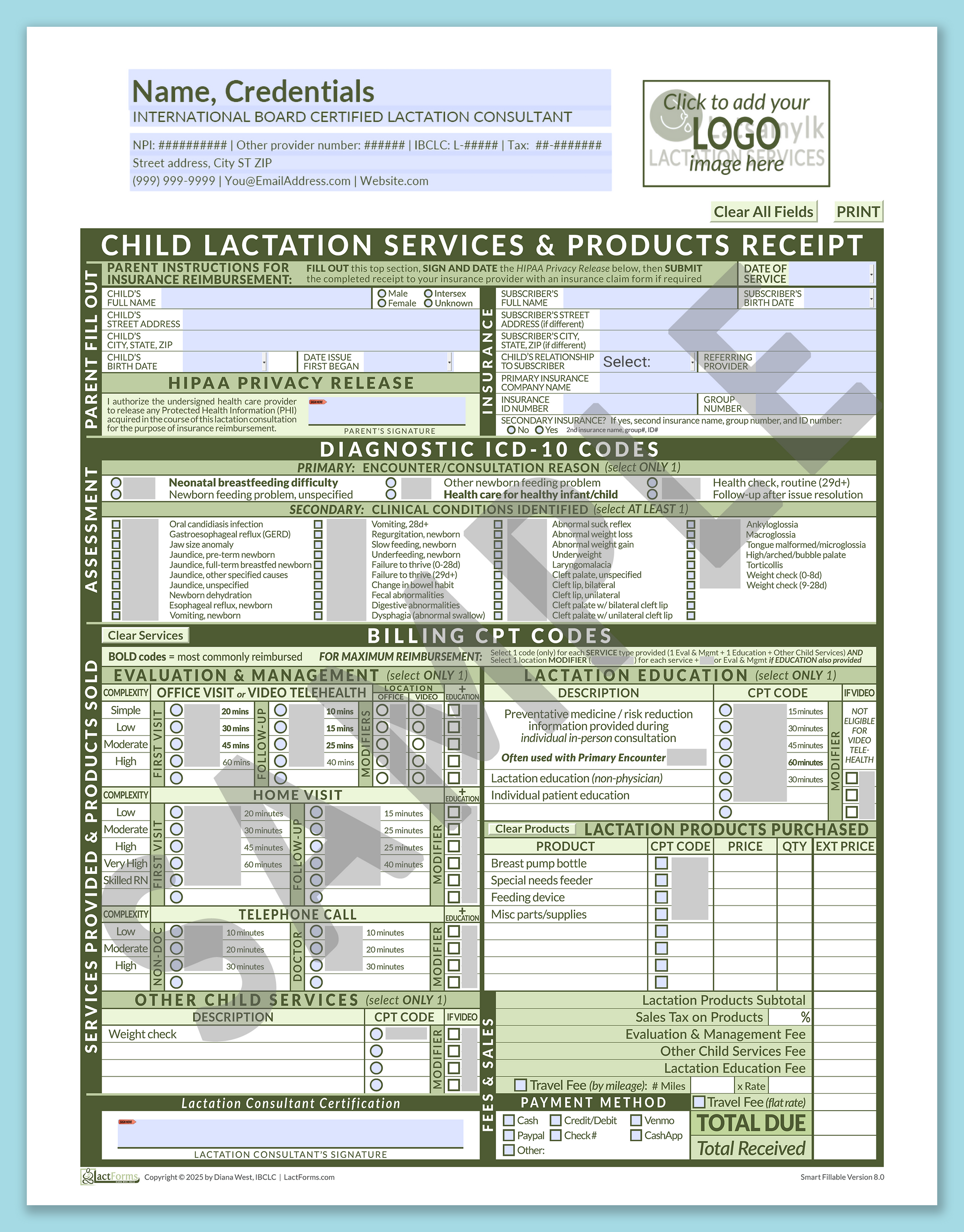 Child Superbill—SmartFillable, HeaderLogo before editing, Green, V8.0