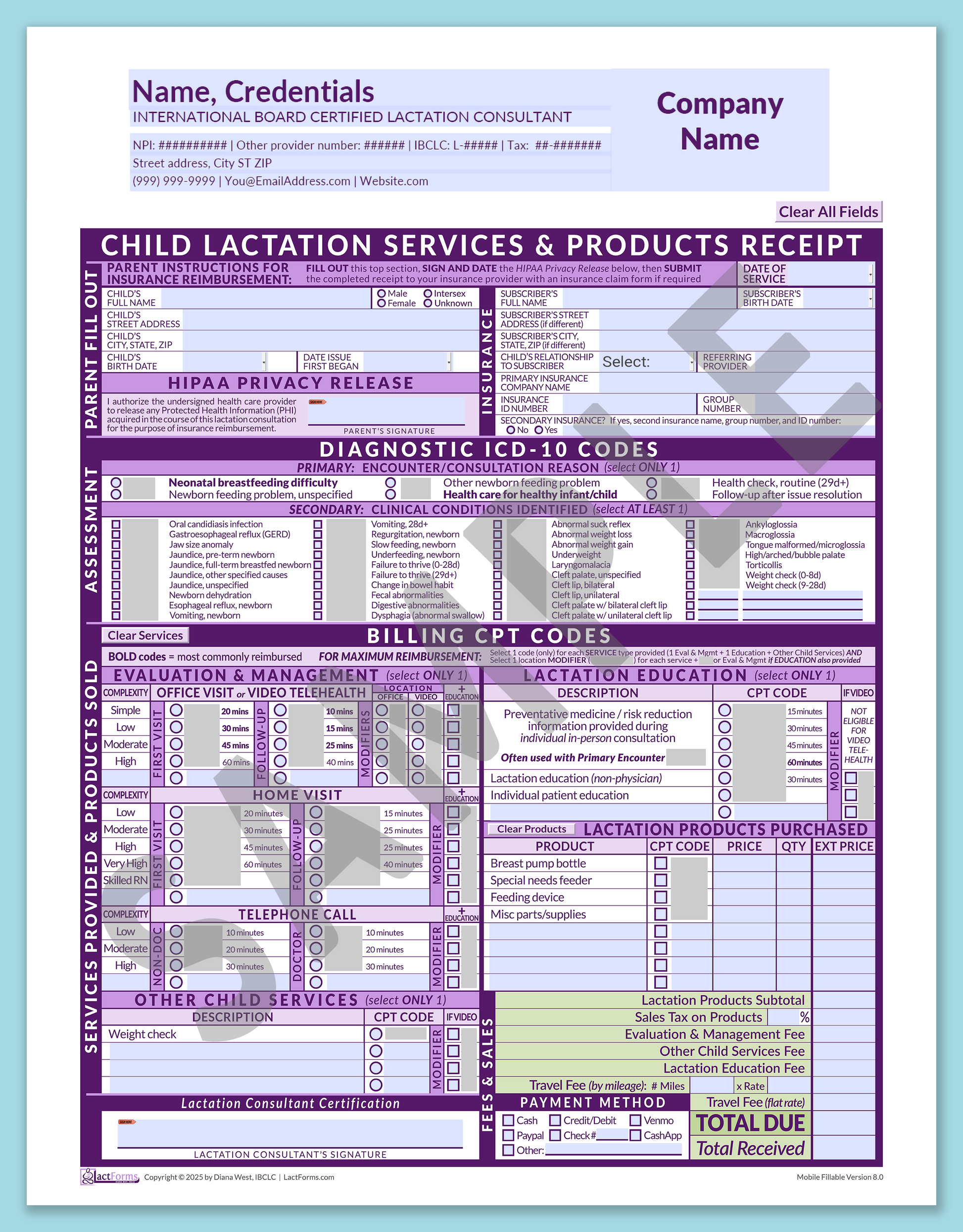 Child Superbill—MobileFillable, HeaderCompany before editing, Purple, V8.0