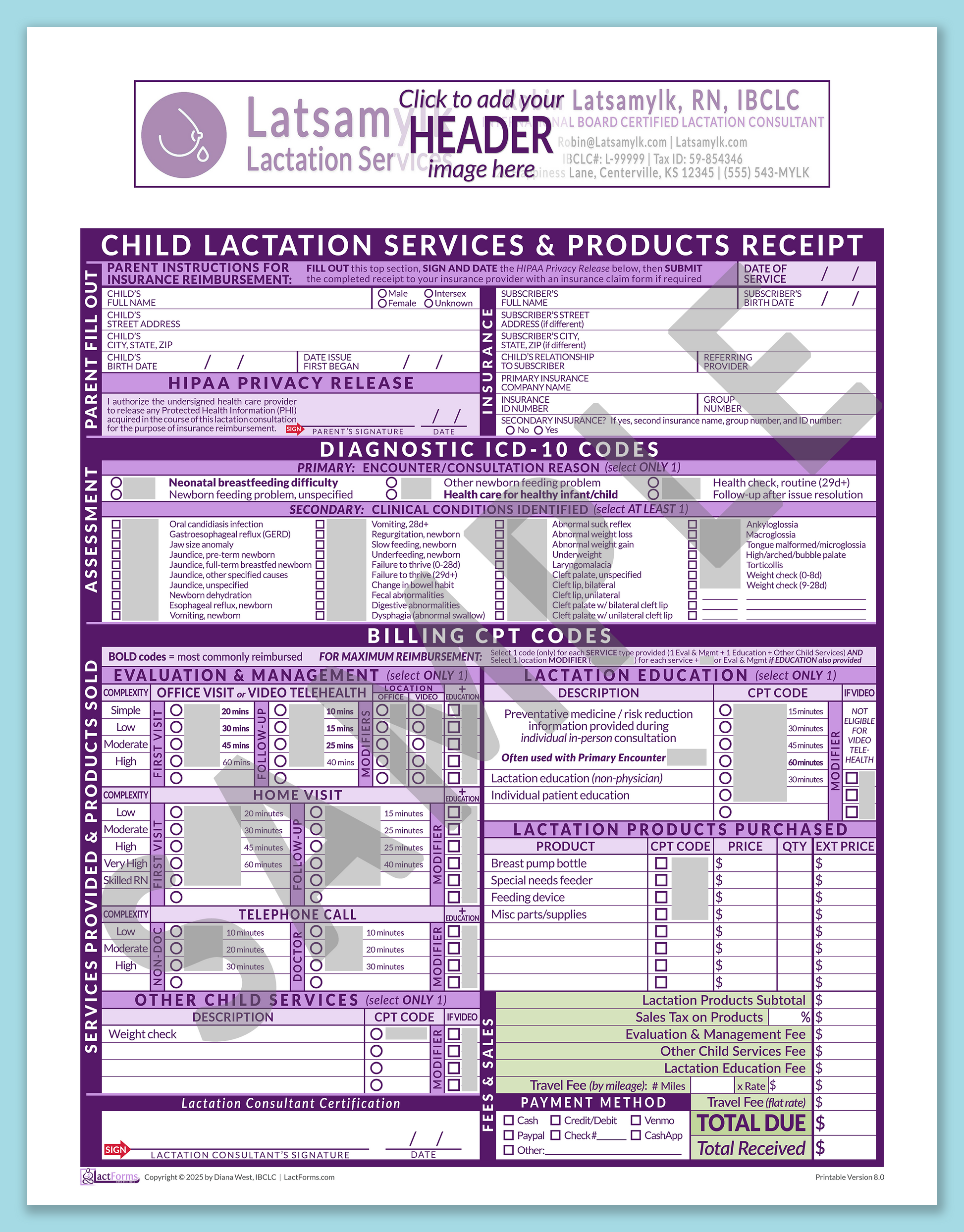 Child Superbill—OfficePrintable, HeaderBox before editing, Purple, V8.0