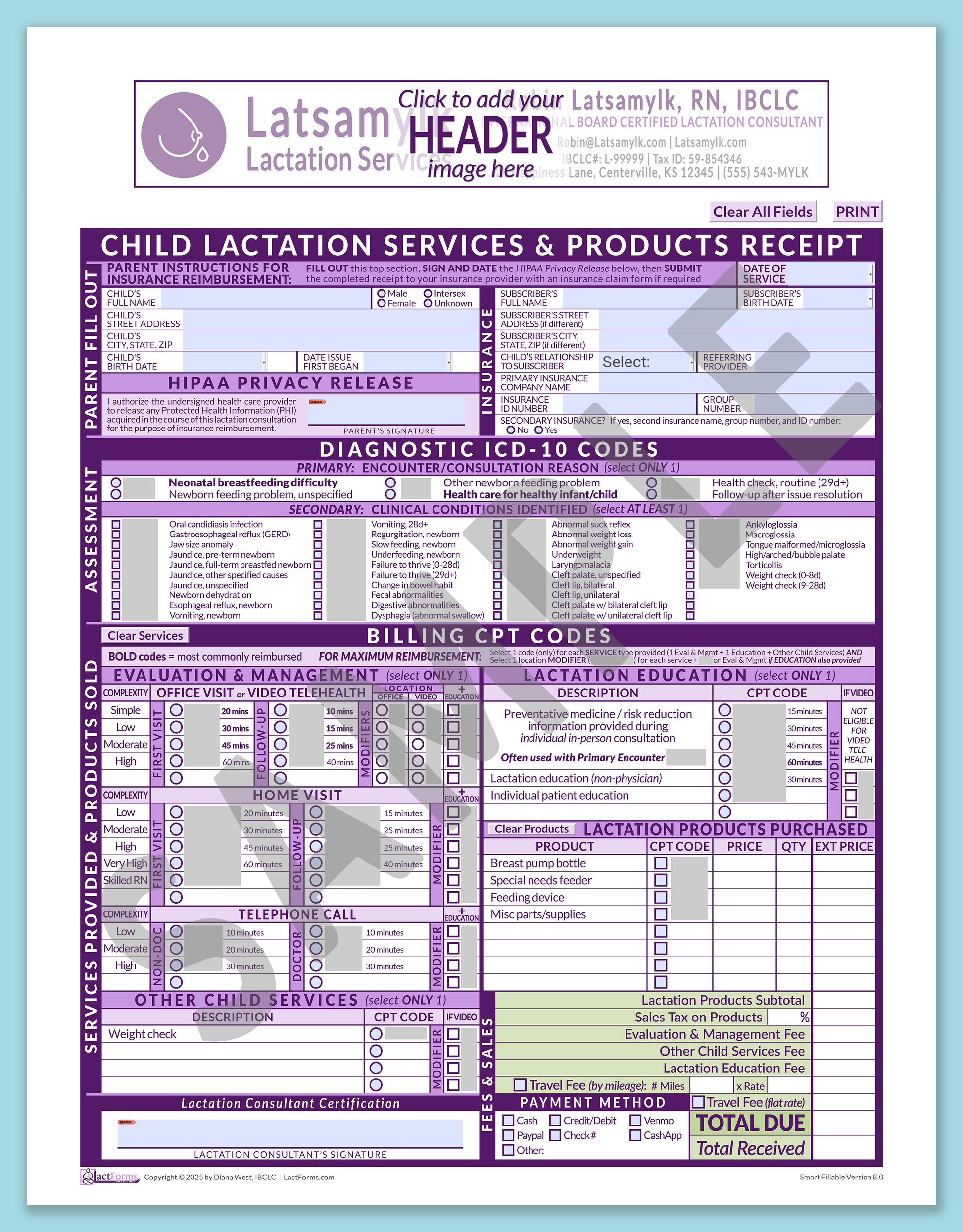 Child Superbill—SmartFillable, HeaderBox before editing, Purple, V8.0