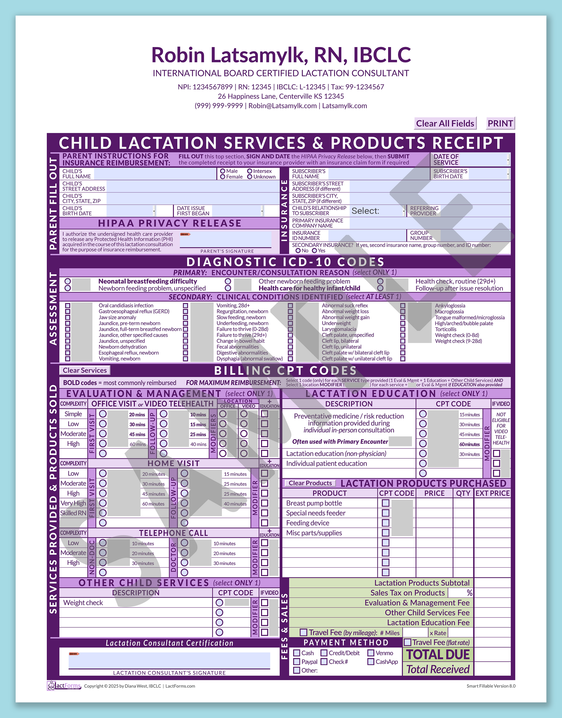 Child Superbill—SmartFillable, HeaderCenter after editing, Purple, V8.0