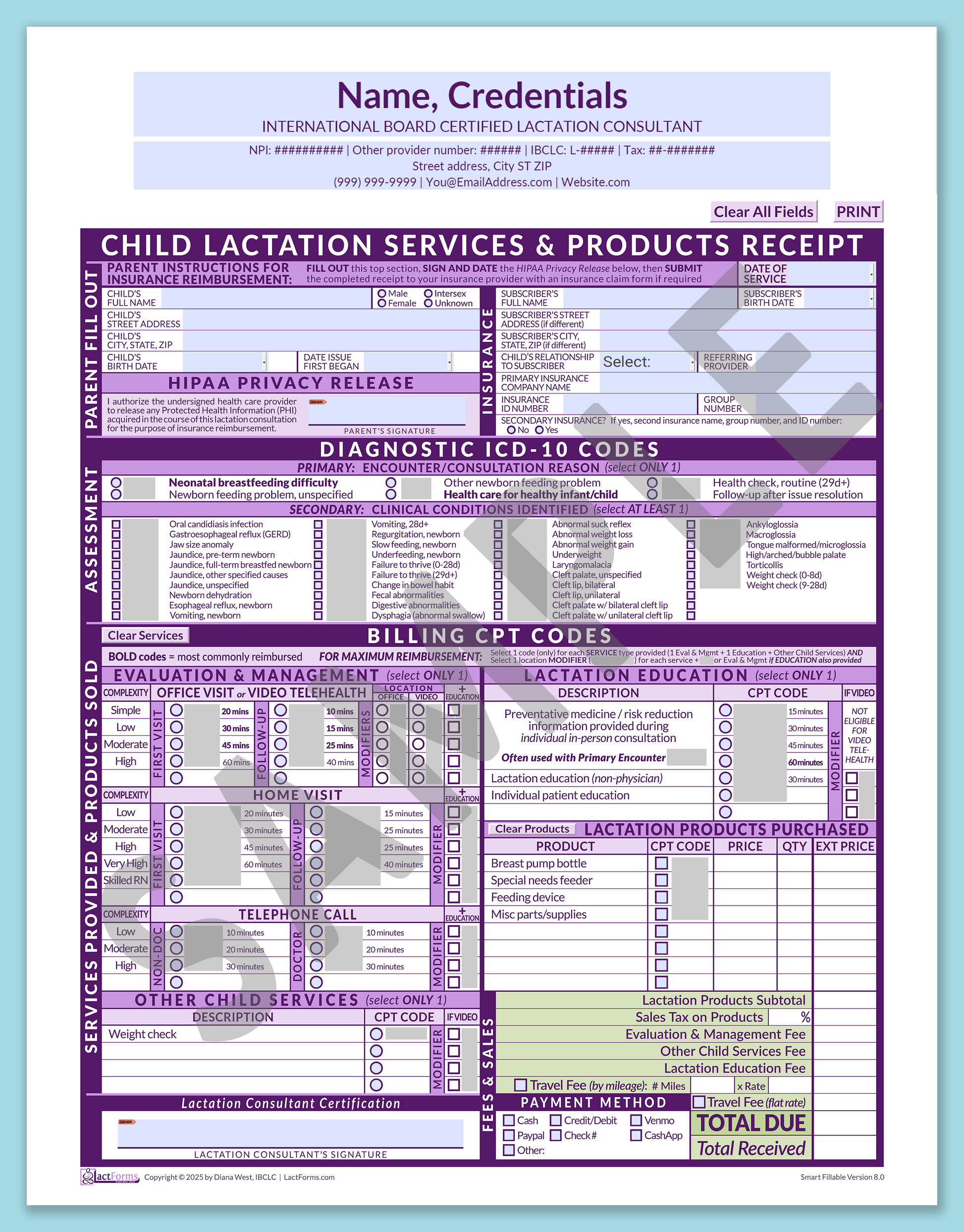 Child Superbill—SmartFillable, HeaderCenter before editing, Purple, V8.0