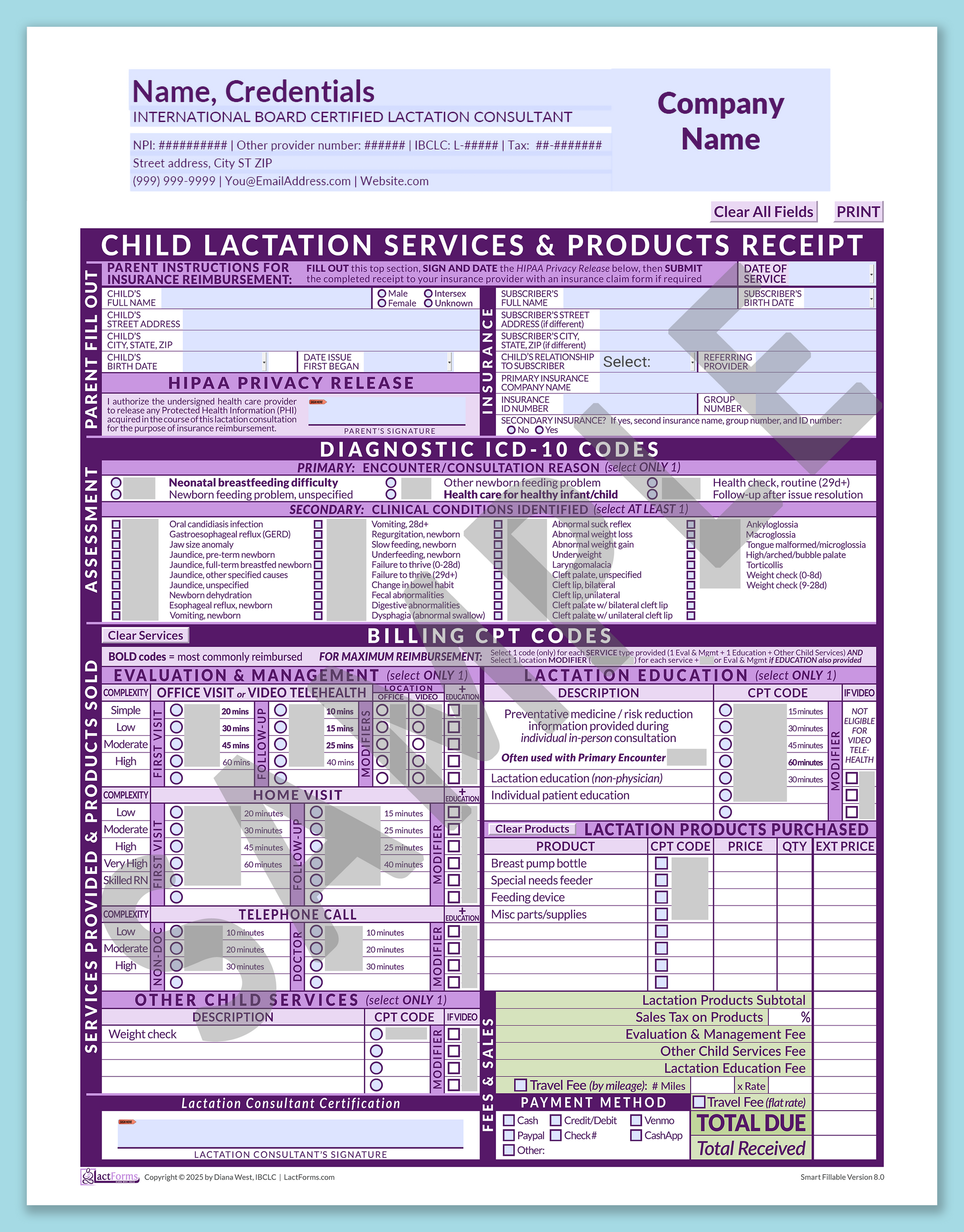 Child Superbill—SmartFillable, HeaderCompany before editing, Purple, V8.0