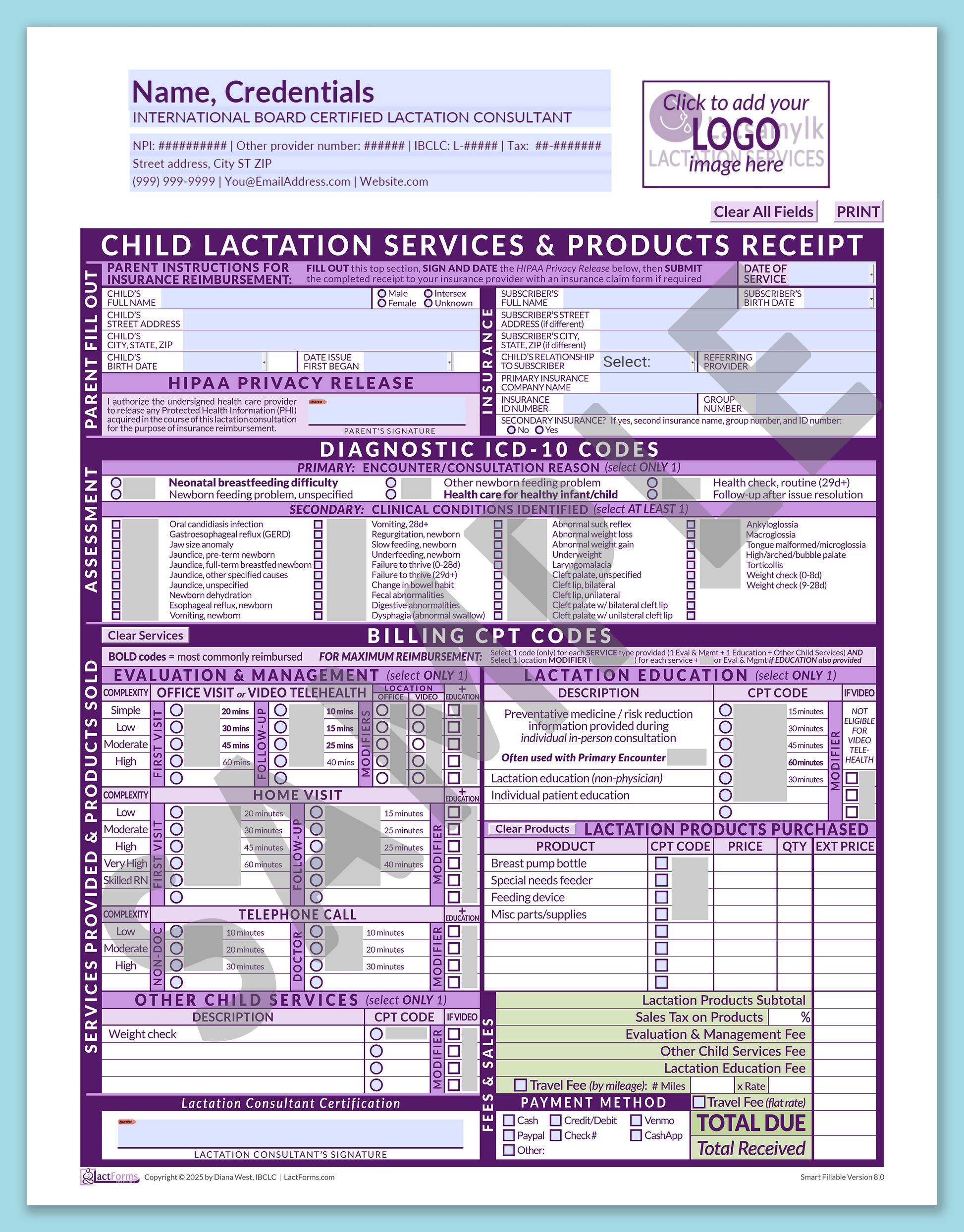 Child Superbill—SmartFillable, HeaderLogo before editing, Purple, V8.0