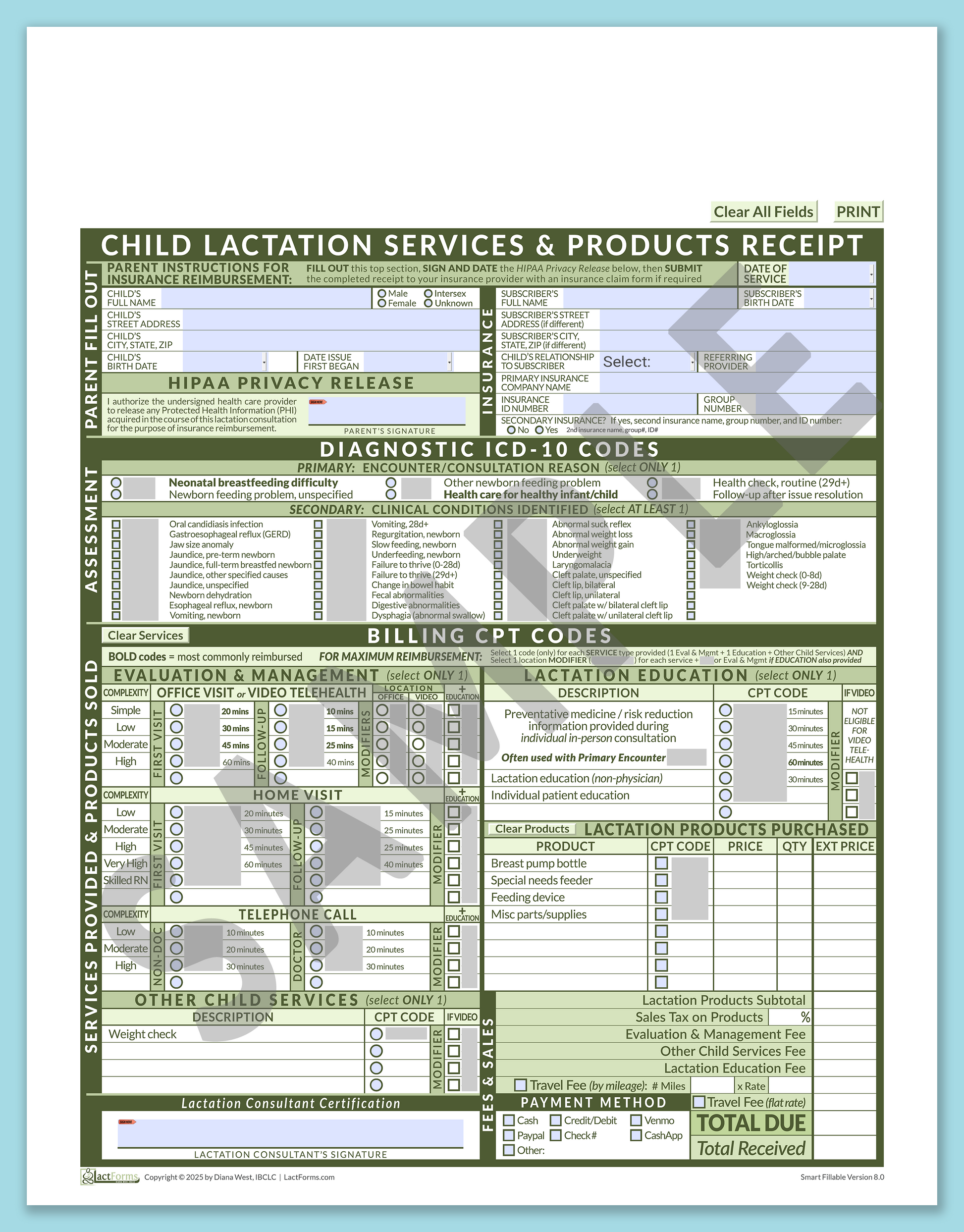 Child Superbill—SmartFillable, HeaderNone, Green, V8.0