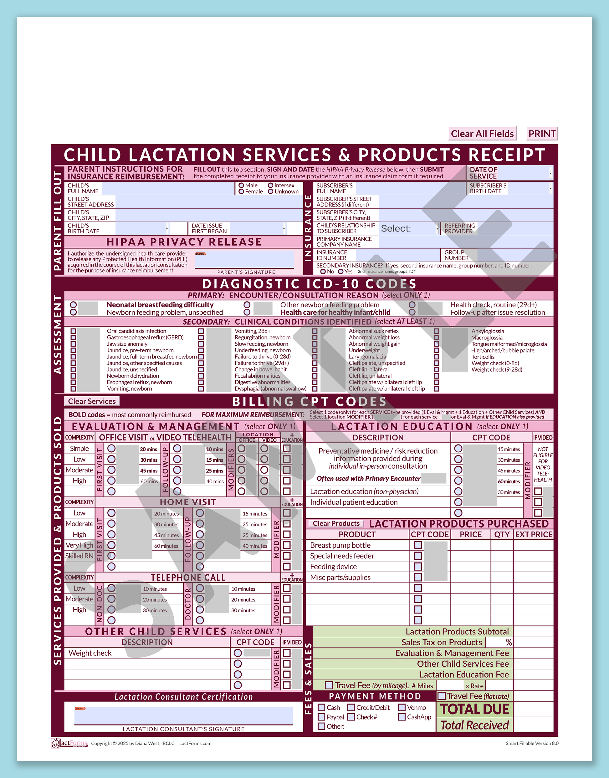 Child Superbill—SmartFillable, HeaderNone, Pink, V8.0