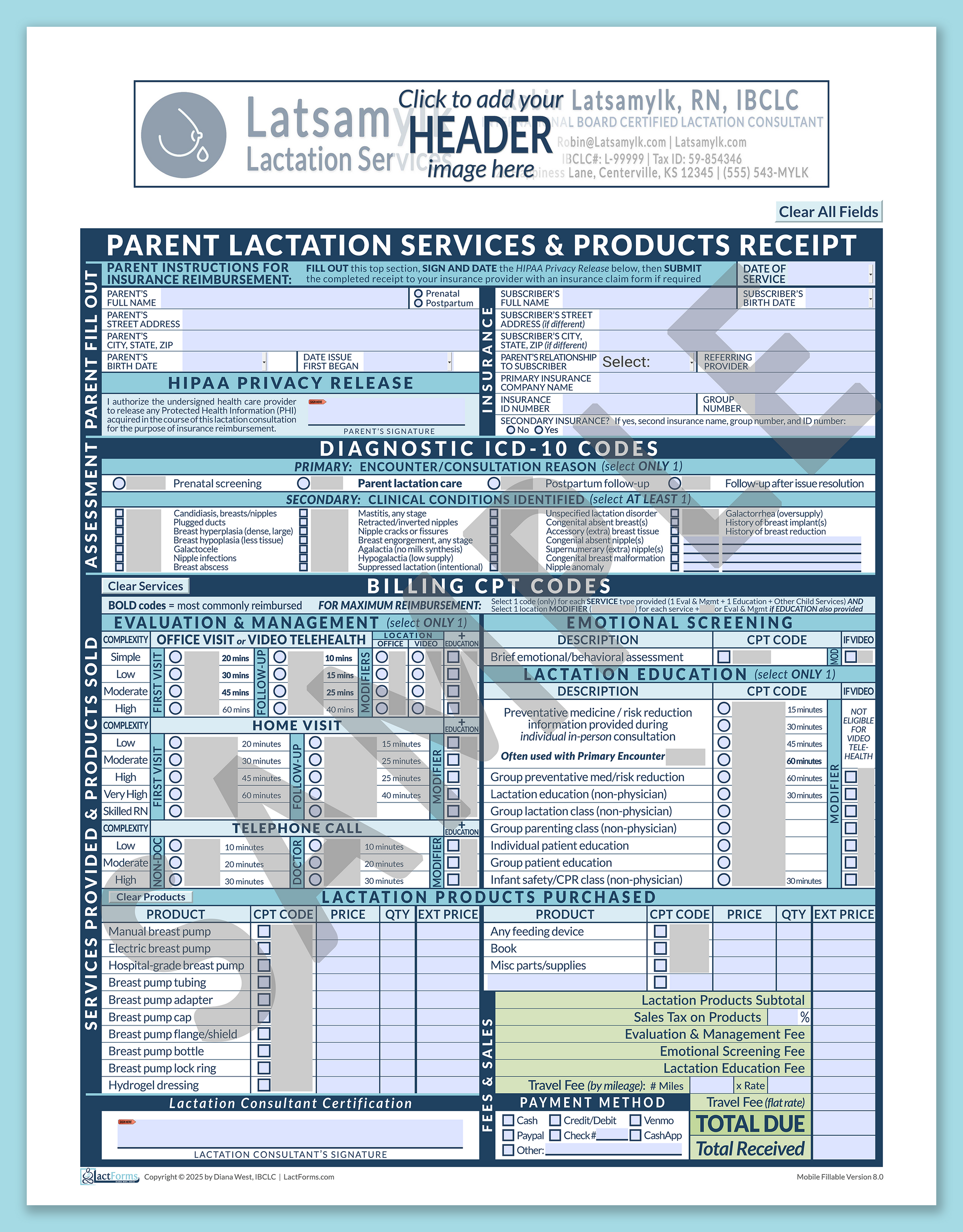 Parent Superbill—MobileFillable, HeaderBox before editing, Blue, V8.0