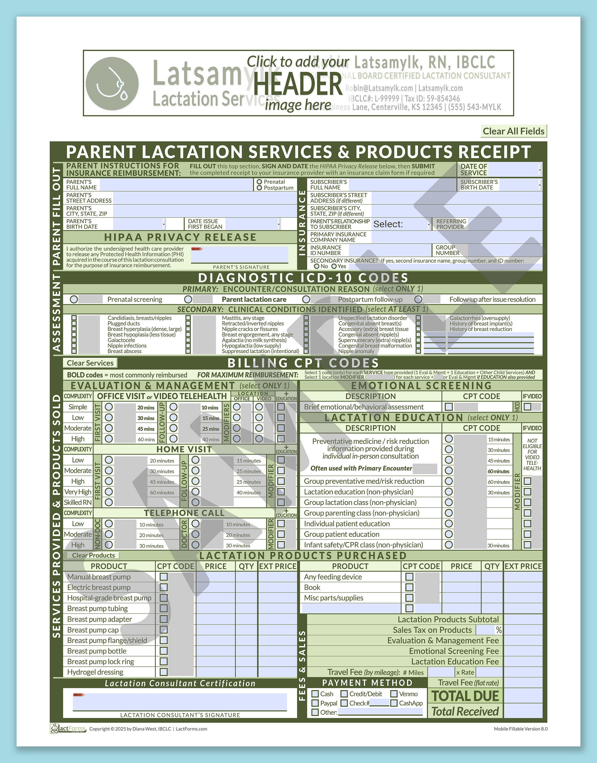Parent Superbill—MobileFillable, HeaderBox before editing, Green, V8.0