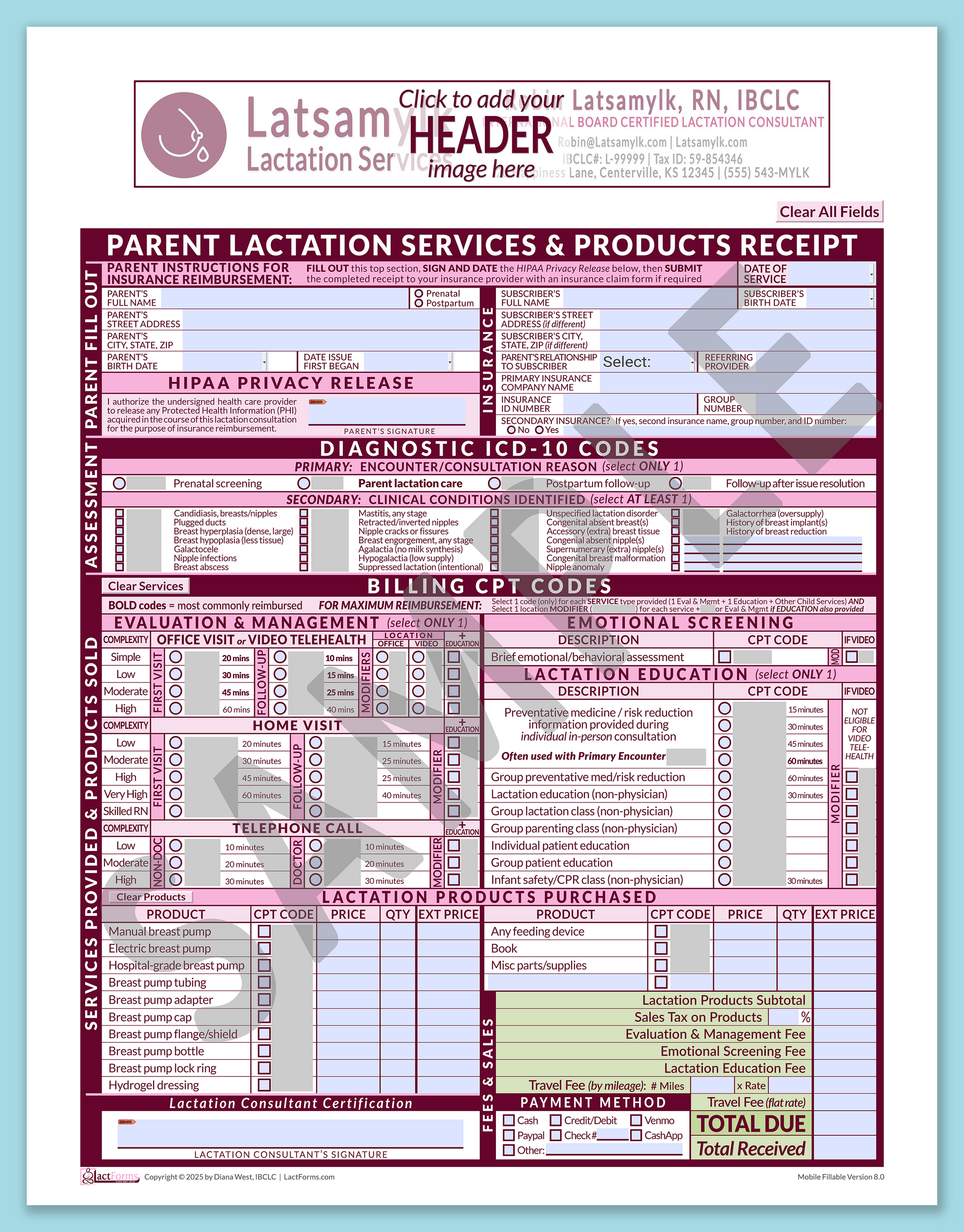 Parent Superbill—MobileFillable, HeaderBox before editing, Pink, V8.0
