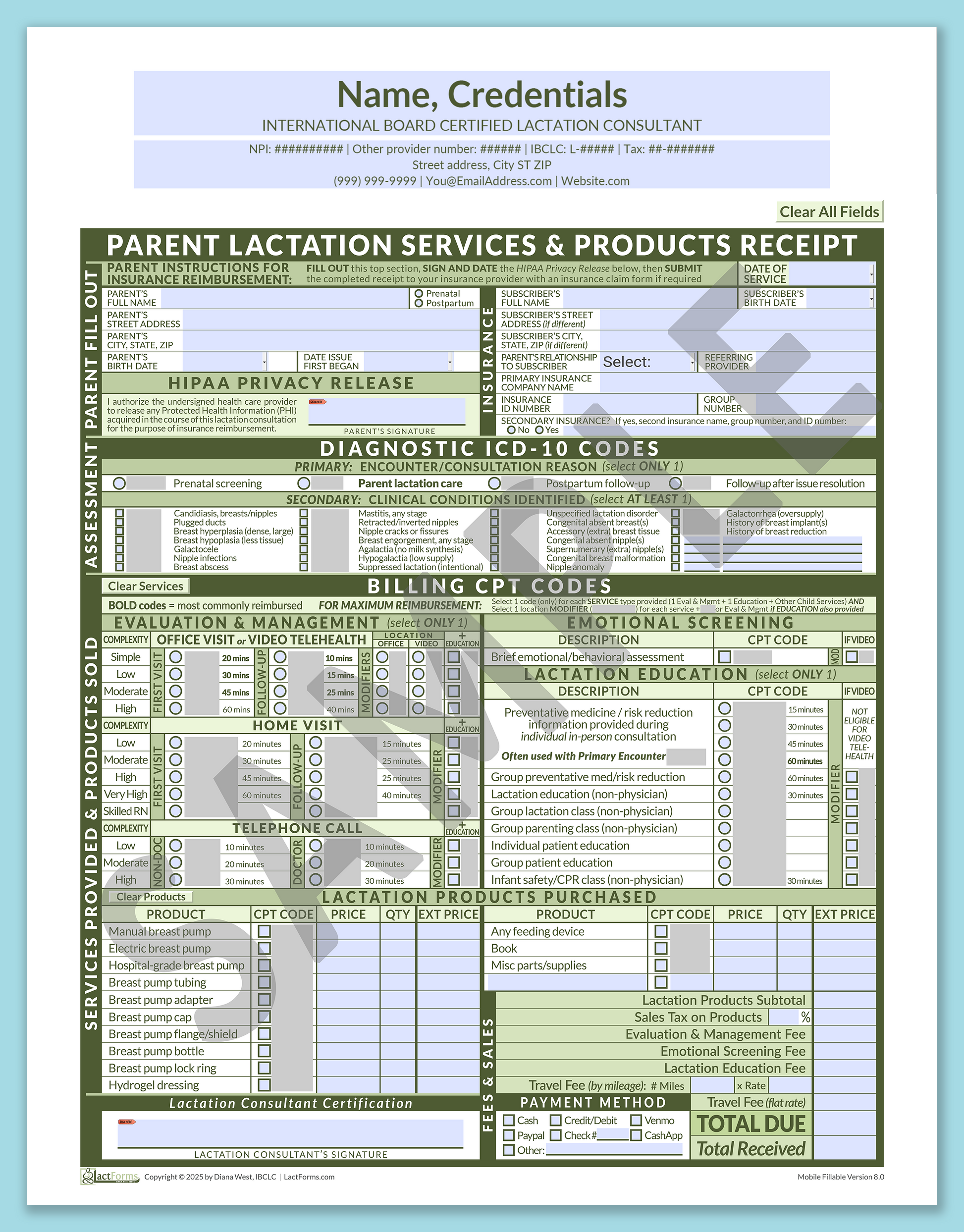 Parent Superbill—MobileFillable, HeaderCenter before editing, Green, V8.0