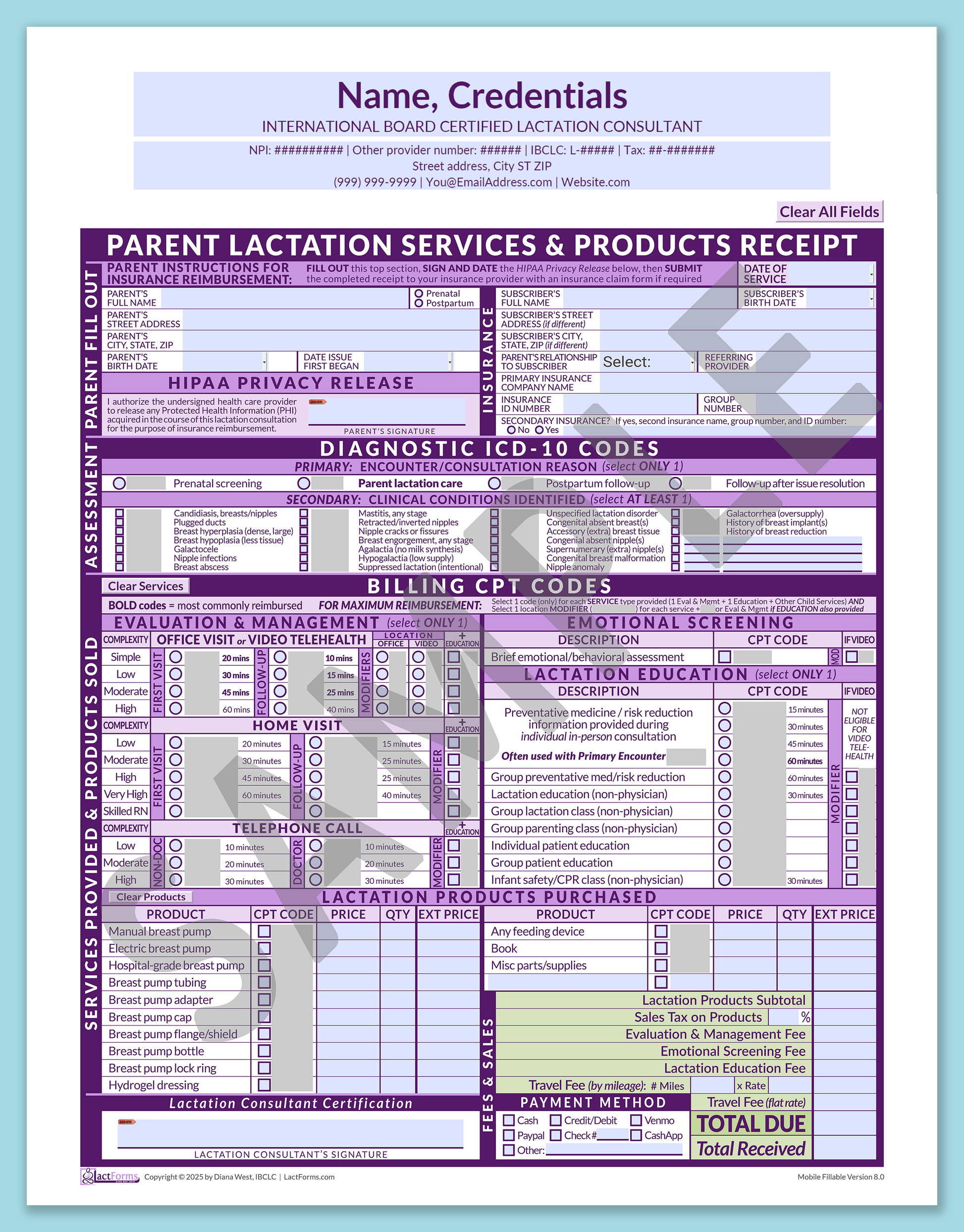Parent Superbill—MobileFillable, HeaderCenter before editing, Purple, V8.0