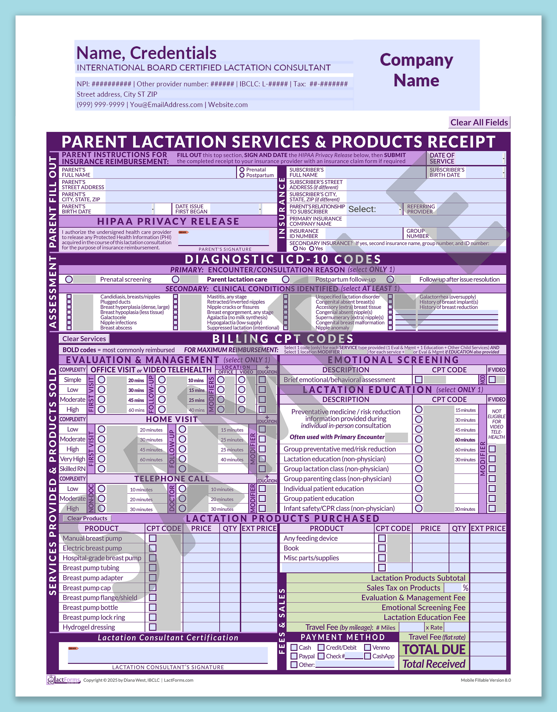 Parent Superbill—MobileFillable, HeaderCompany before editing, Purple, V8.0