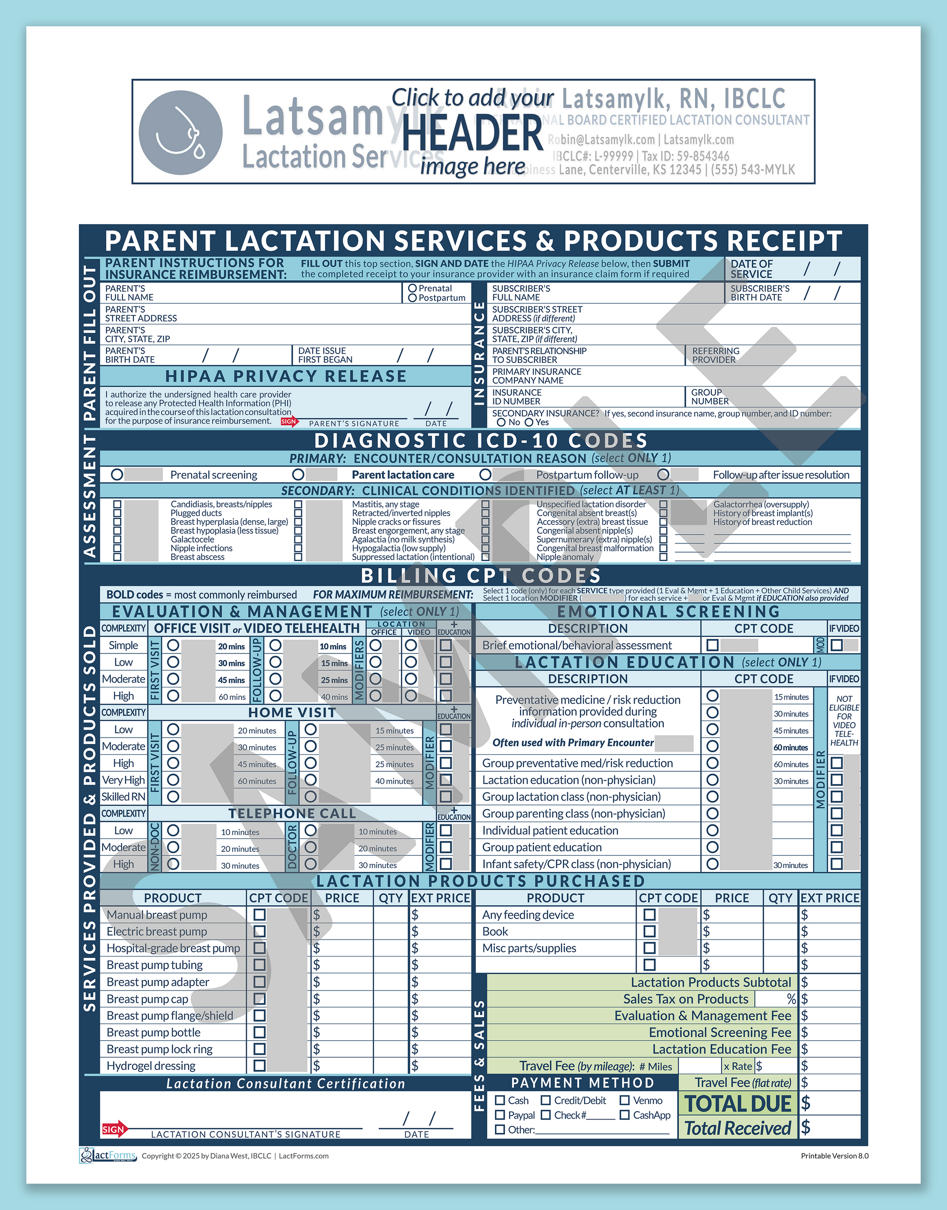 Parent Superbill—OfficePrintable, HeaderBox before editing, Blue, V8.0