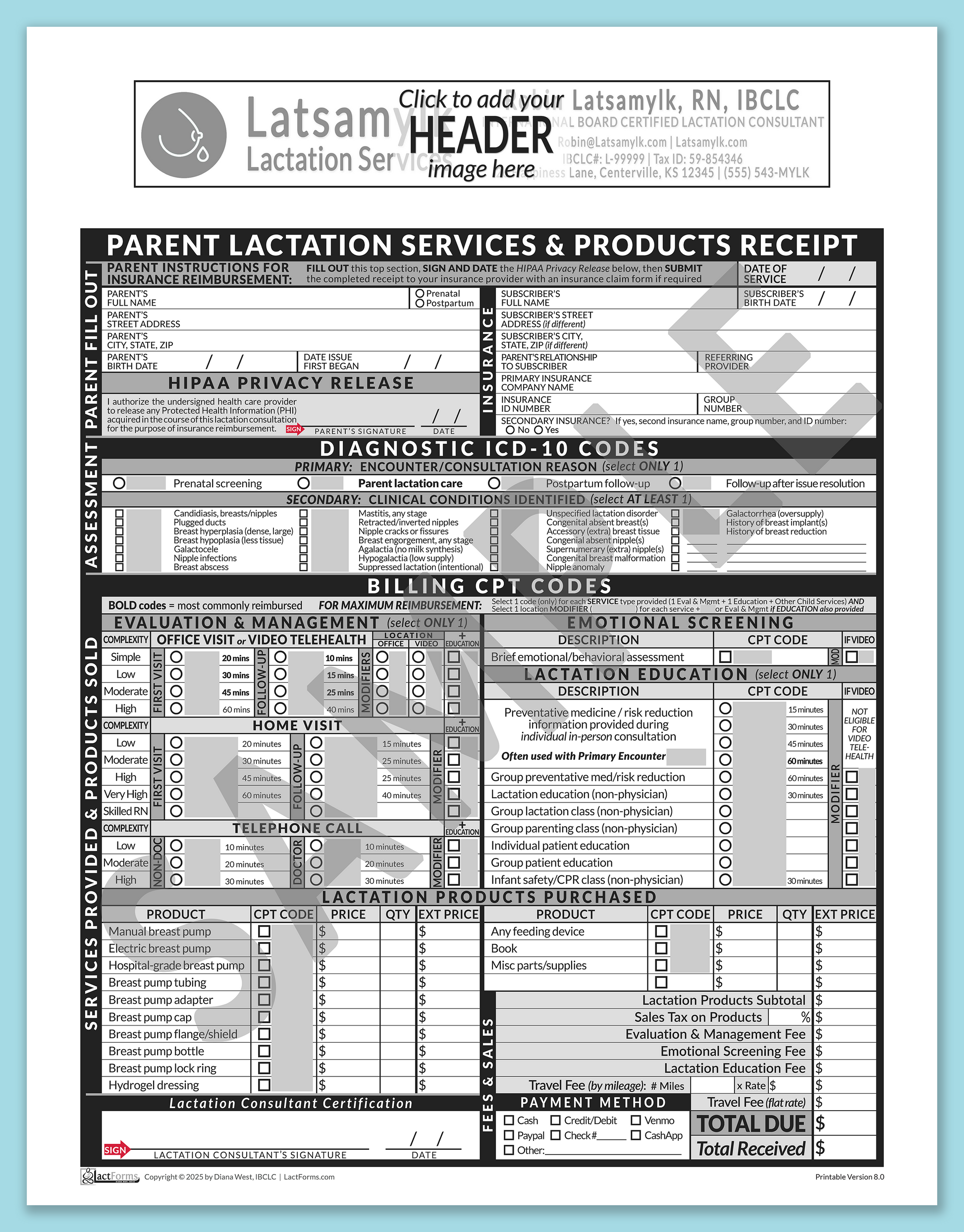 Parent Superbill—OfficePrintable, HeaderBox before editing, Grey, V8.0