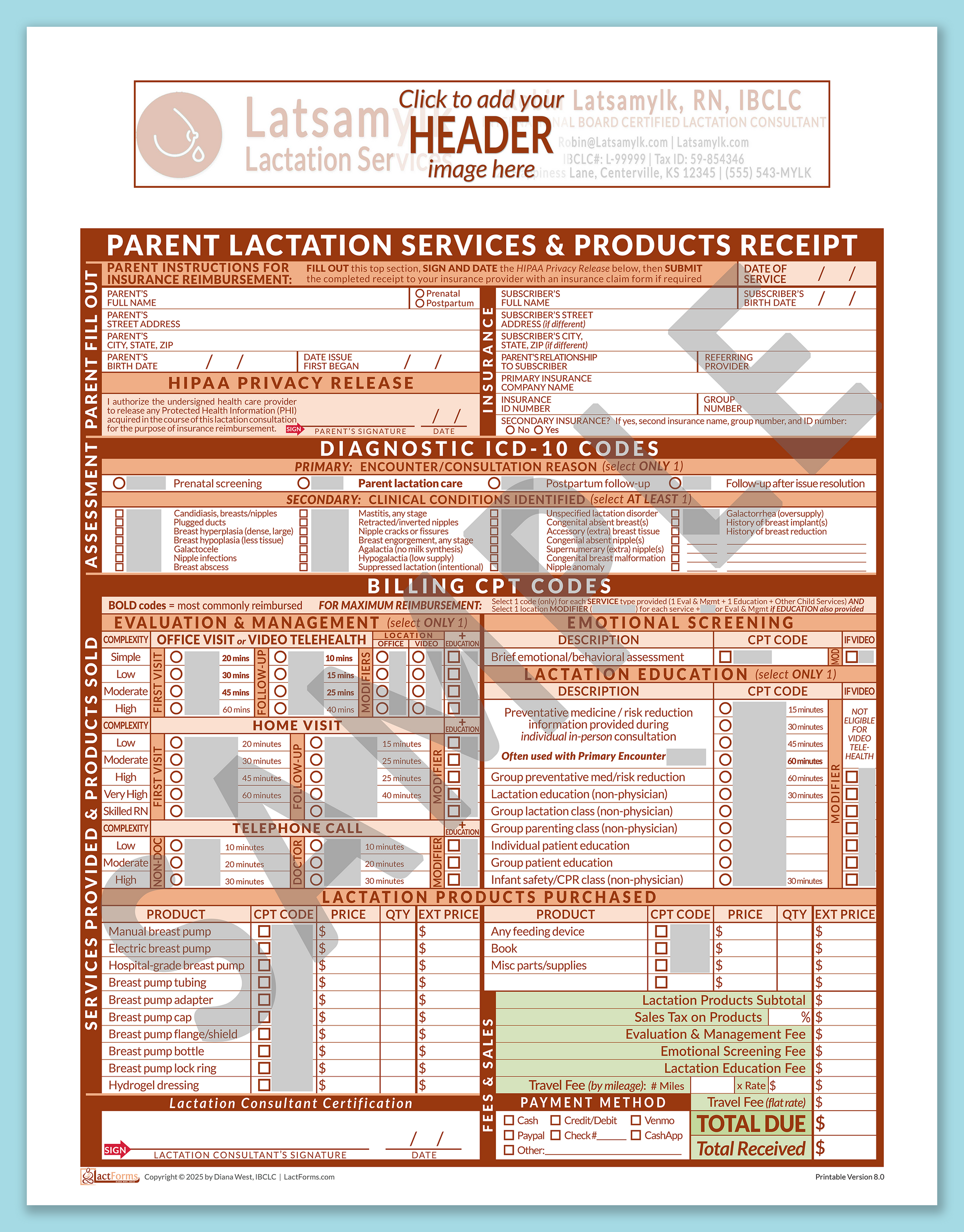 Parent Superbill—OfficePrintable, HeaderBox before editing, Orange, V8.0
