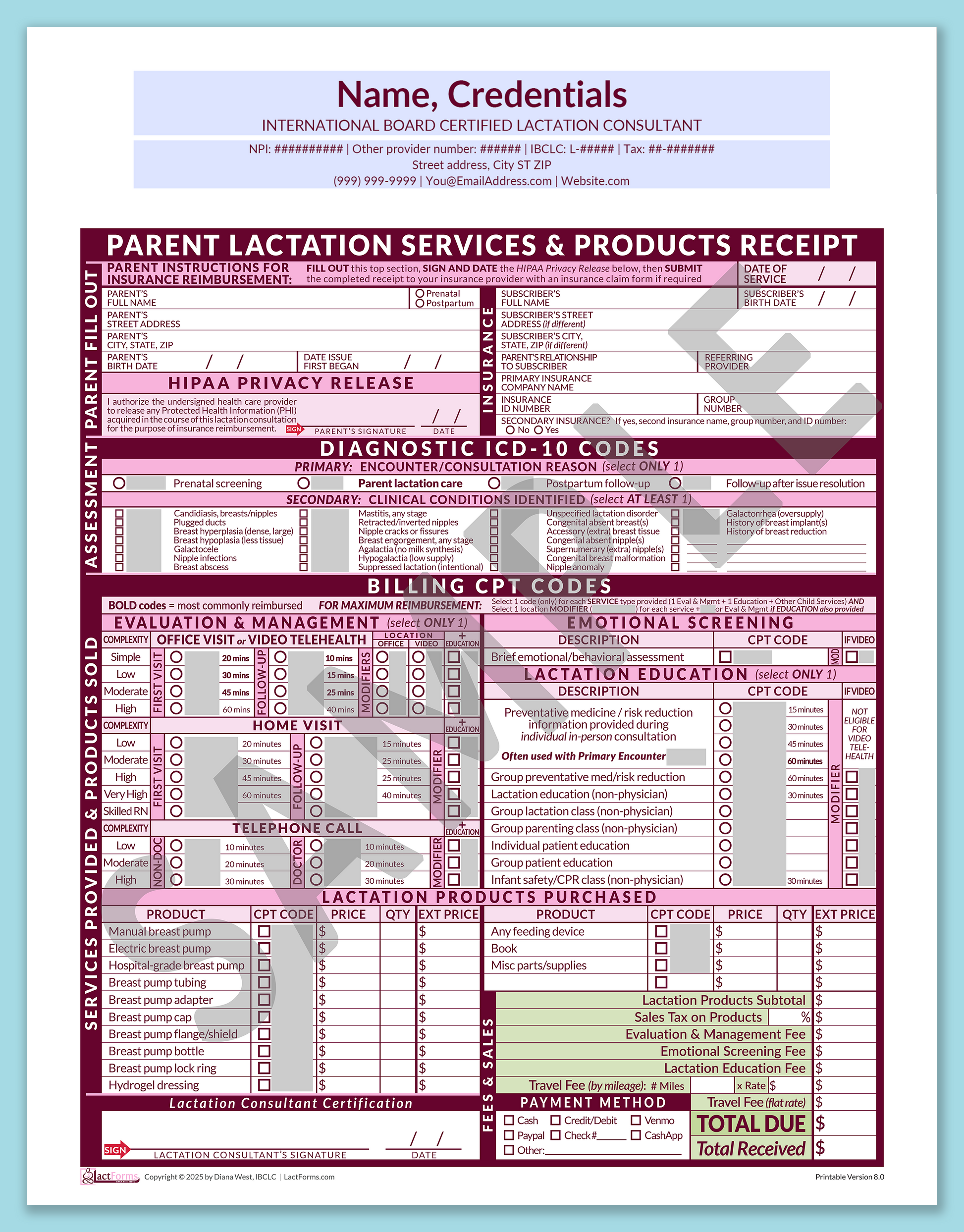 Parent Superbill—OfficePrintable, HeaderCenter before editing, Pink, V8.0