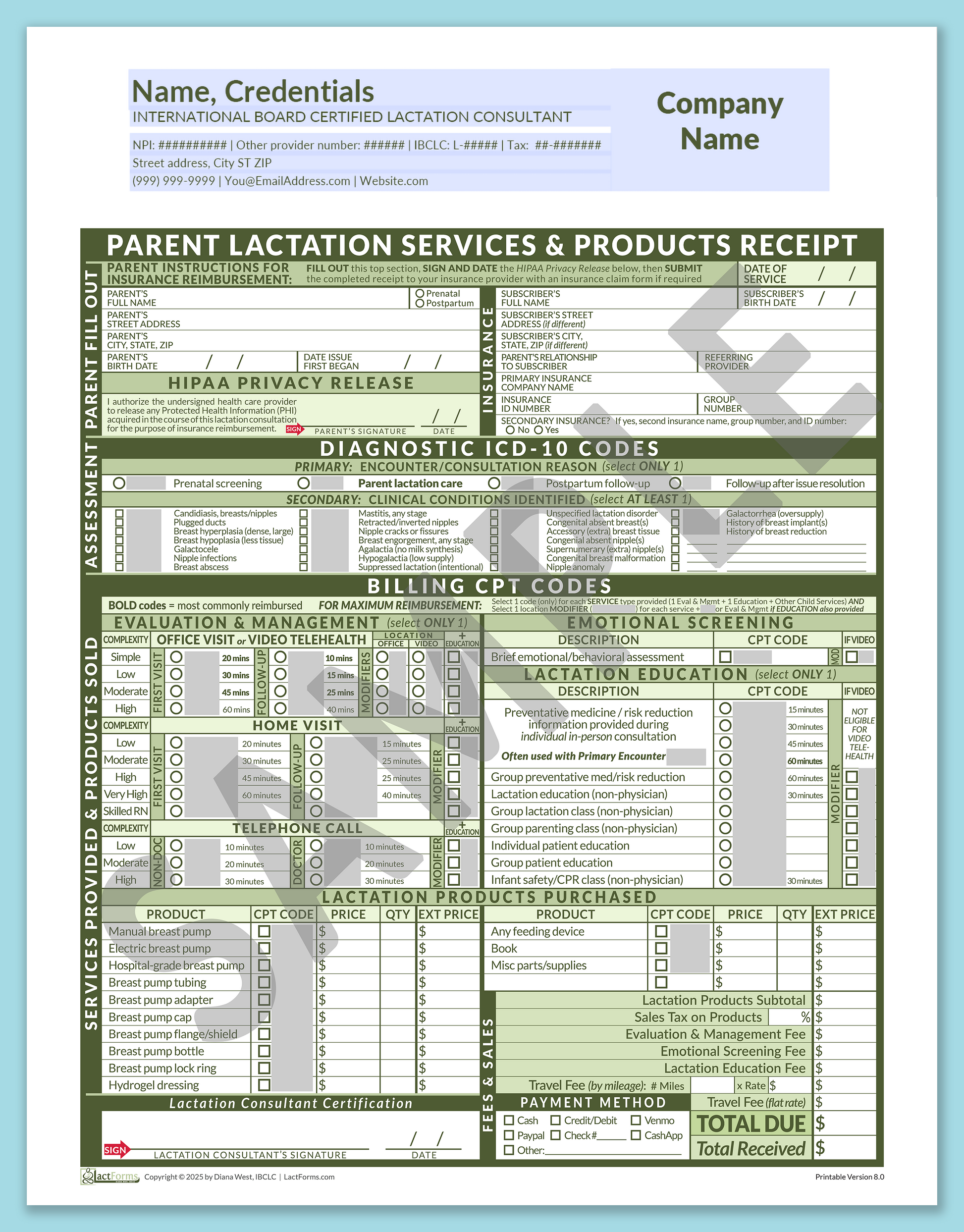 Parent Superbill—OfficePrintable, HeaderCompany before editing, Green, V8.0
